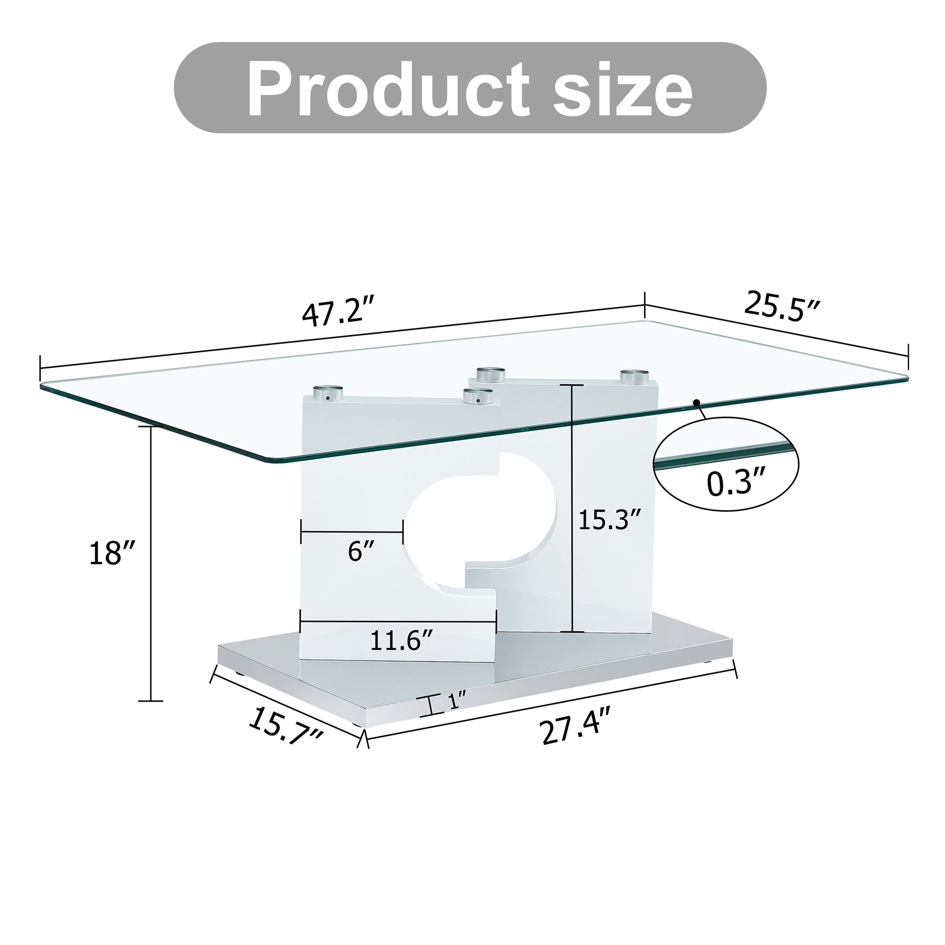 A Rectangular Modern And Fashionable Coffee Table With Tempered Glass Tabletop And White Mdf Legs. Suitable For Living Room.47.2"*25.5"*18" White Glass