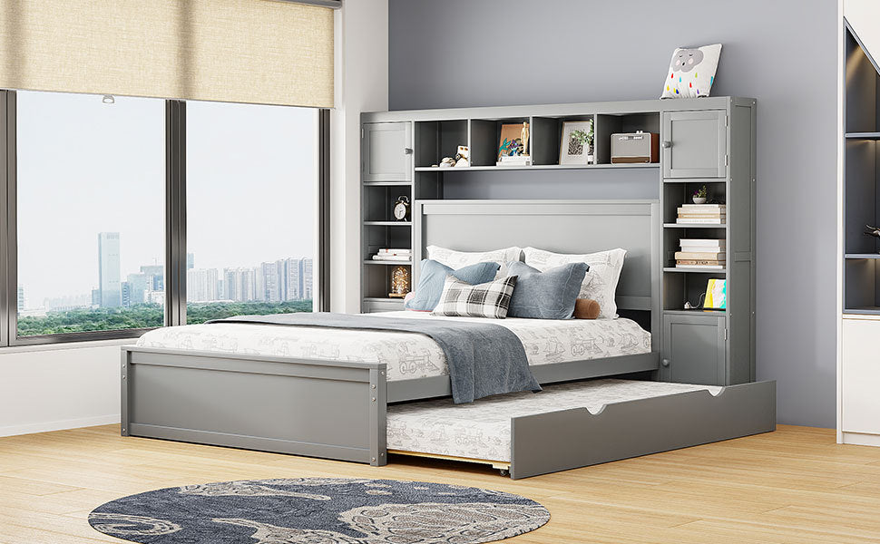 Queen Size Wooden Bed With All In One Cabinet, Shelf And Sockets,Twin Xl Trundle, Gray Queen Gray Solid Wood