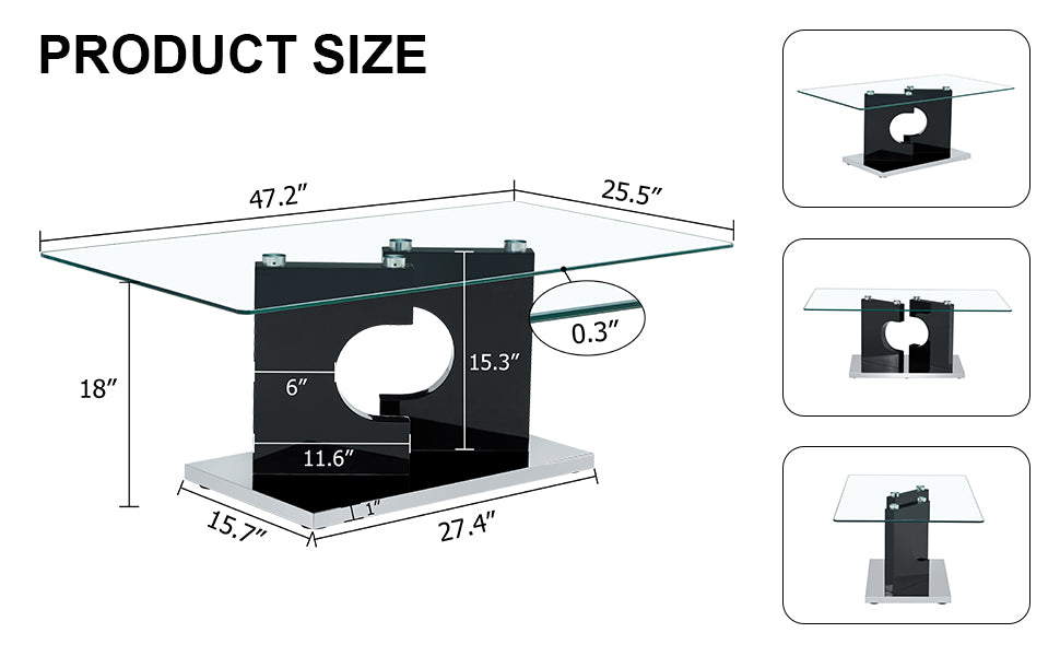 A Rectangular Modern And Fashionable Coffee Table With Tempered Glass Tabletop And Black Mdf Legs. Suitable For Living Room.47.2"*25.5"*18" Black Glass