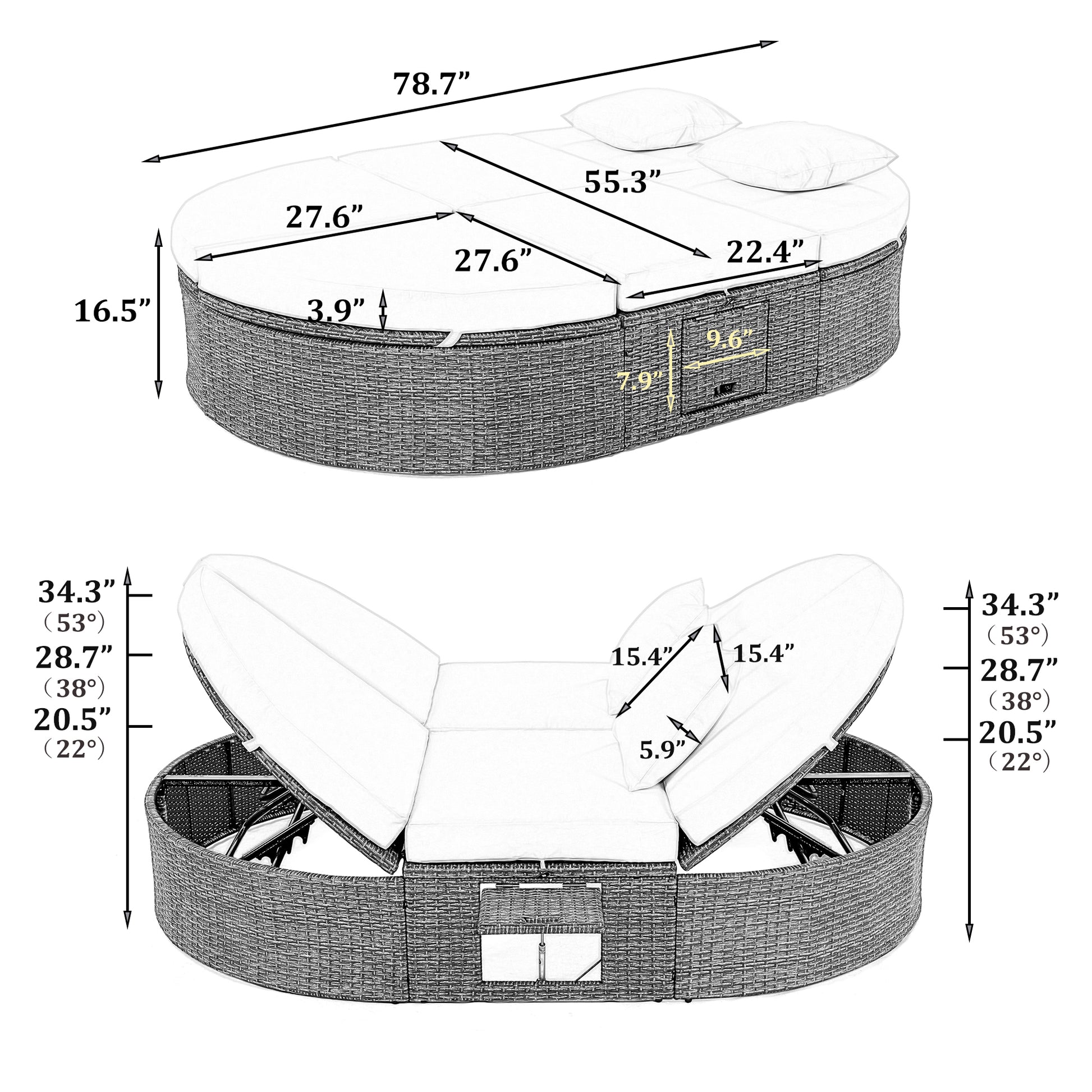 Outdoor Sun Bed Patio 2 Person Daybed With Cushions And Pillows, Rattan Garden Reclining Chaise Lounge With Adjustable Backrests And Foldable Cup Trays For Lawn,Poolside, Gray Yes Complete Patio Set Gray Weather Resistant Frame Water Resistant Cushion