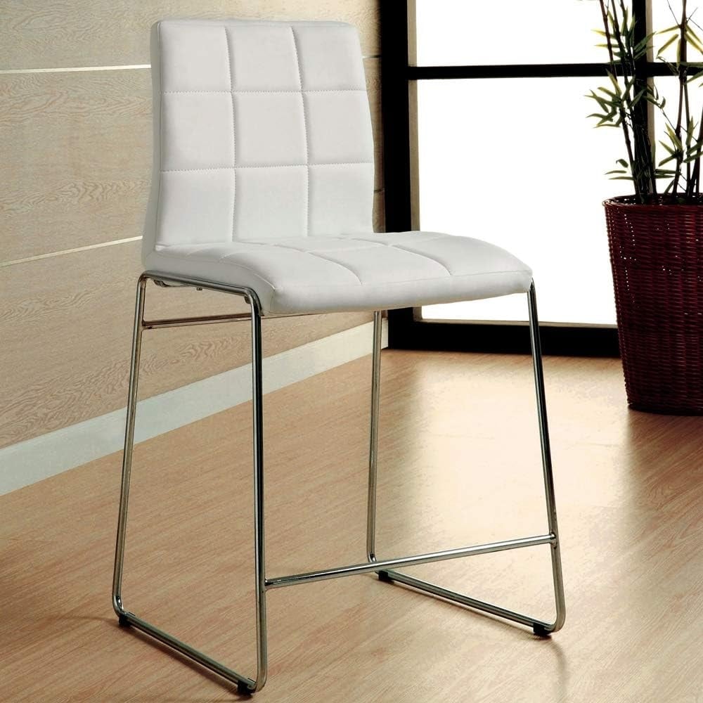 Set Of 2Upholstered Counter Hight Chairs In White And Chrome Solid White Dining Room Side Chair Faux Leather
