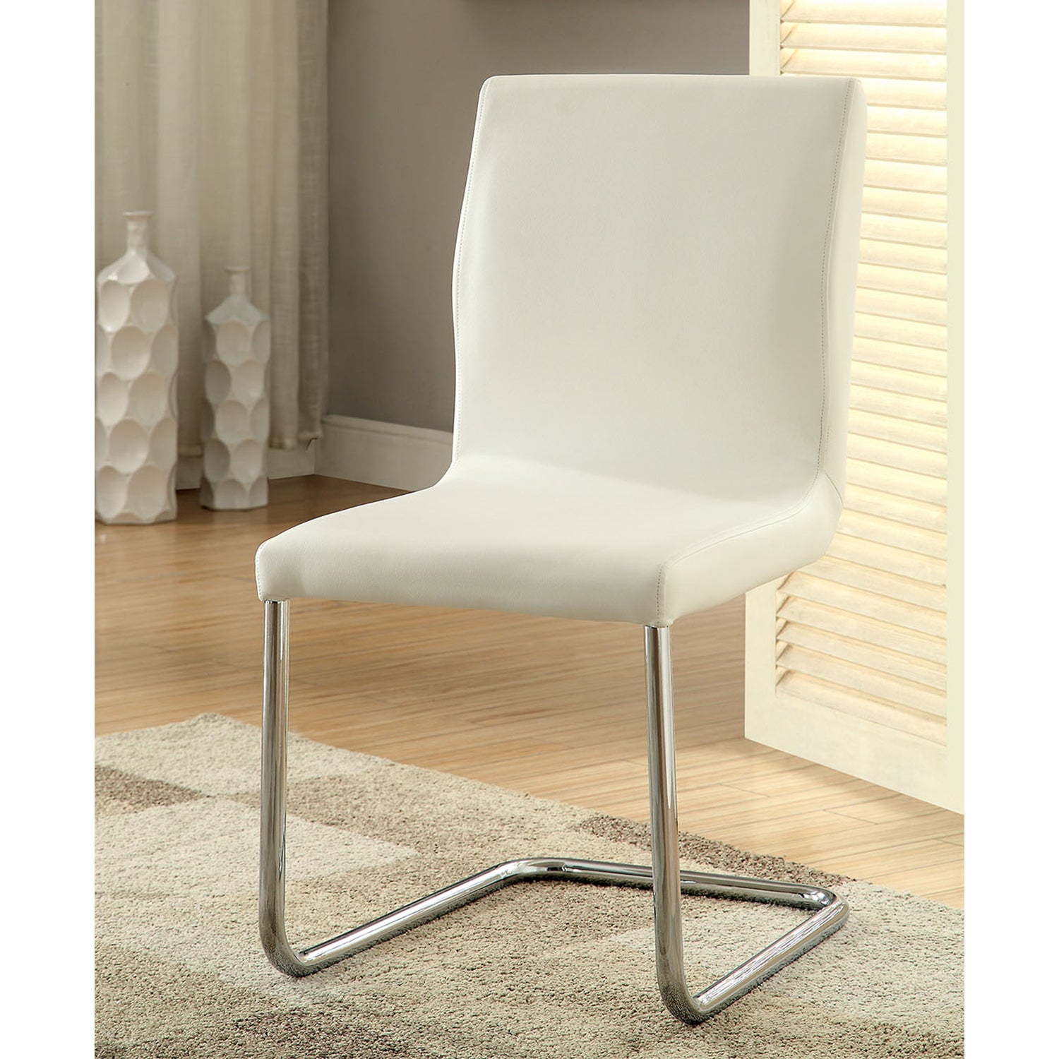 Set Of 2 Padded Whiteside Chairs With L Shape Leg In Chrome Finish Solid White Dining Room Dining Chairs Faux Leather