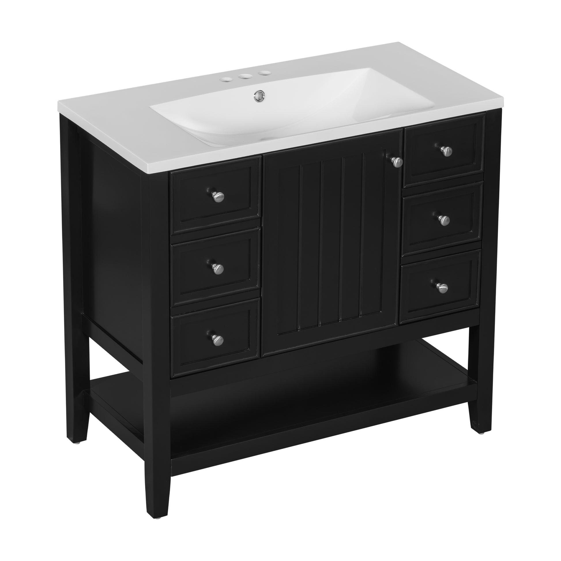 36" Bathroom Vanity With Sink Combo, One Cabinet And Three Drawers, Solid Wood And Mdf Board, Black Black Solid Wood Mdf