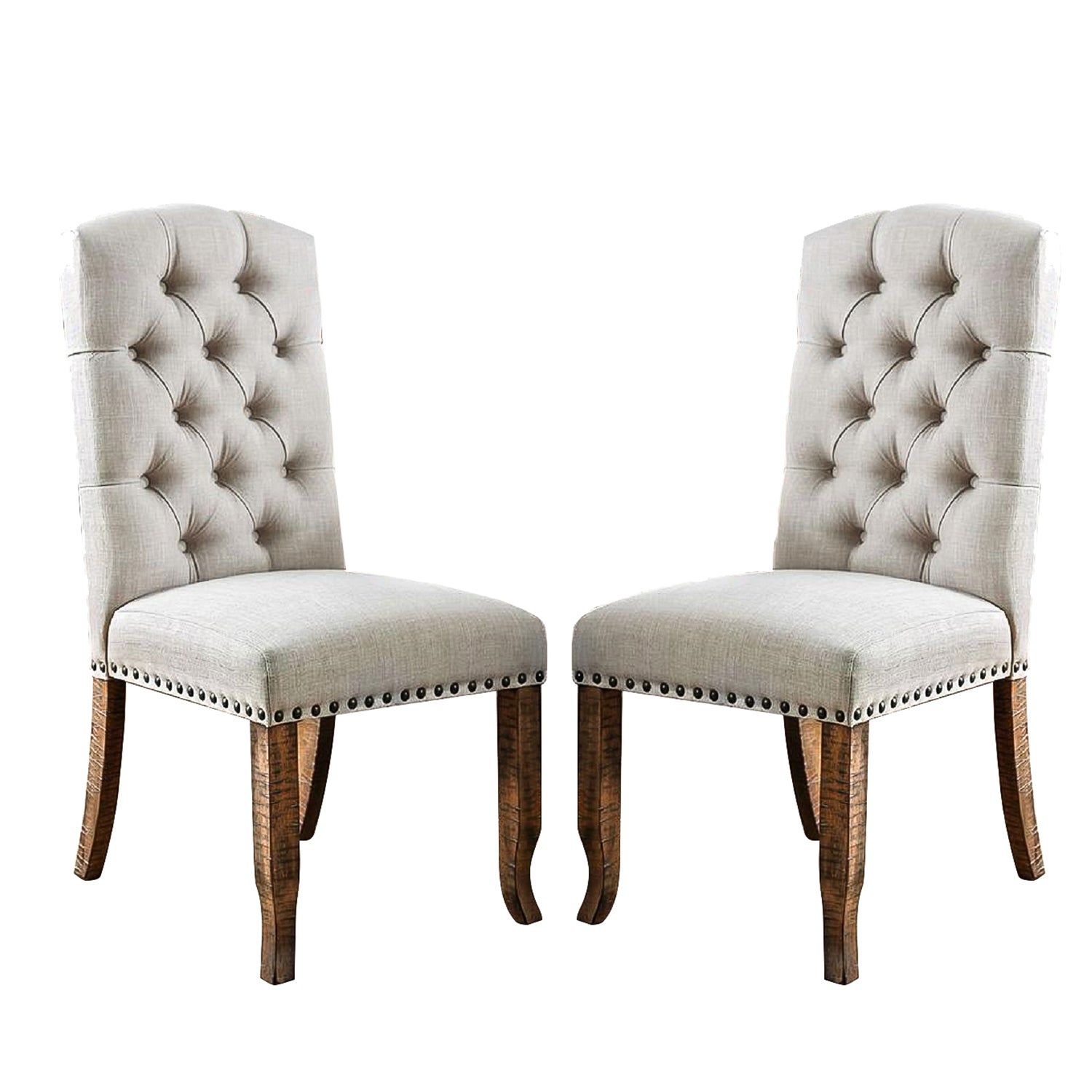 Set Of 2 Ivory Fabric Upholstered Dining Chairs In Rustic Oak Finish Solid Ivory Dining Room Dining Chairs Wood Fabric