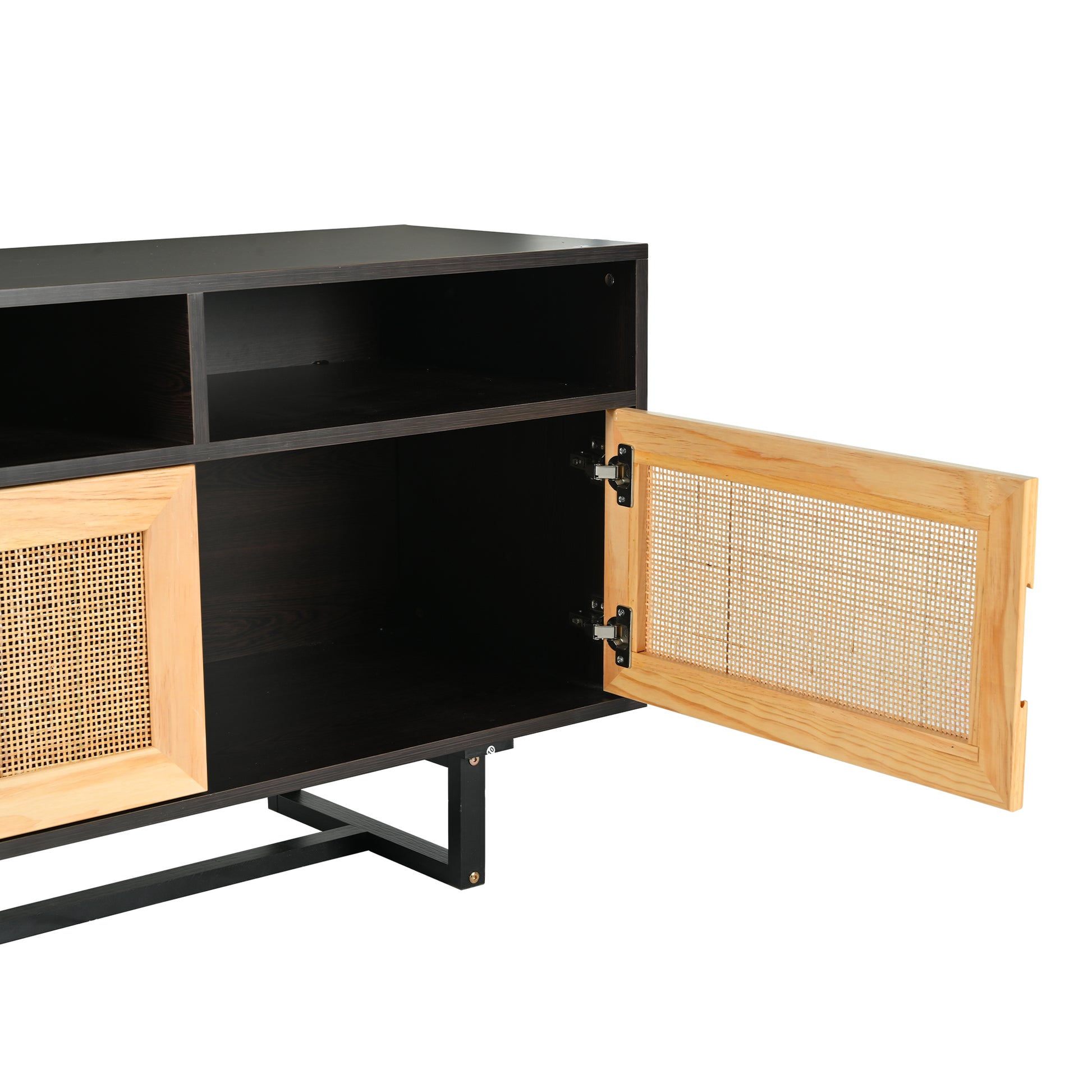 Retro Rattan Console Table 3 Door Tv Stand Media Console With Open Shelves For Tv Stand Under 75'' Espresso Espresso Mdf