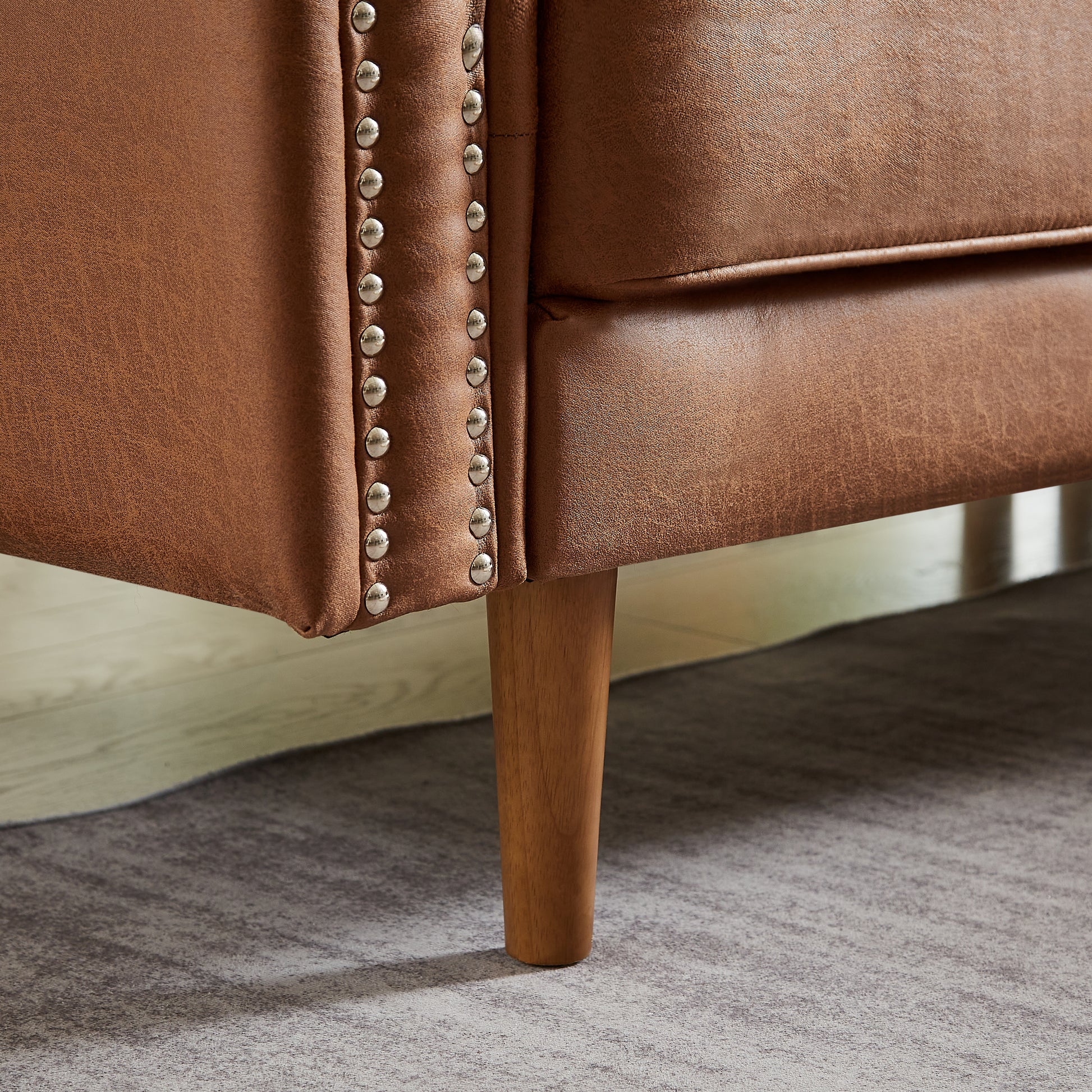 82.2"L Shape Sofa Couch With Chais Mid Century Copper Nail On Arms,Strong Wooden Leg And Suede Fabric Design That Will Complement Any Living Space.Right Chaise, Brown Brown Tech Cloth