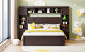 Queen Size Wooden Bed With All In One Cabinet, Shelf And Sockets, Espresso Espresso Solid Wood