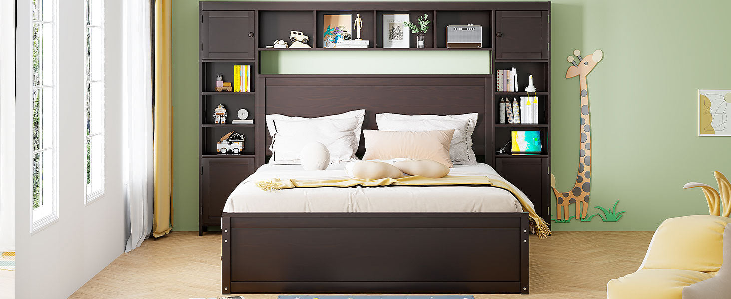 Queen Size Wooden Bed With All In One Cabinet, Shelf And Sockets,Twin Xl Trundle,Espresso Queen Espresso Solid Wood