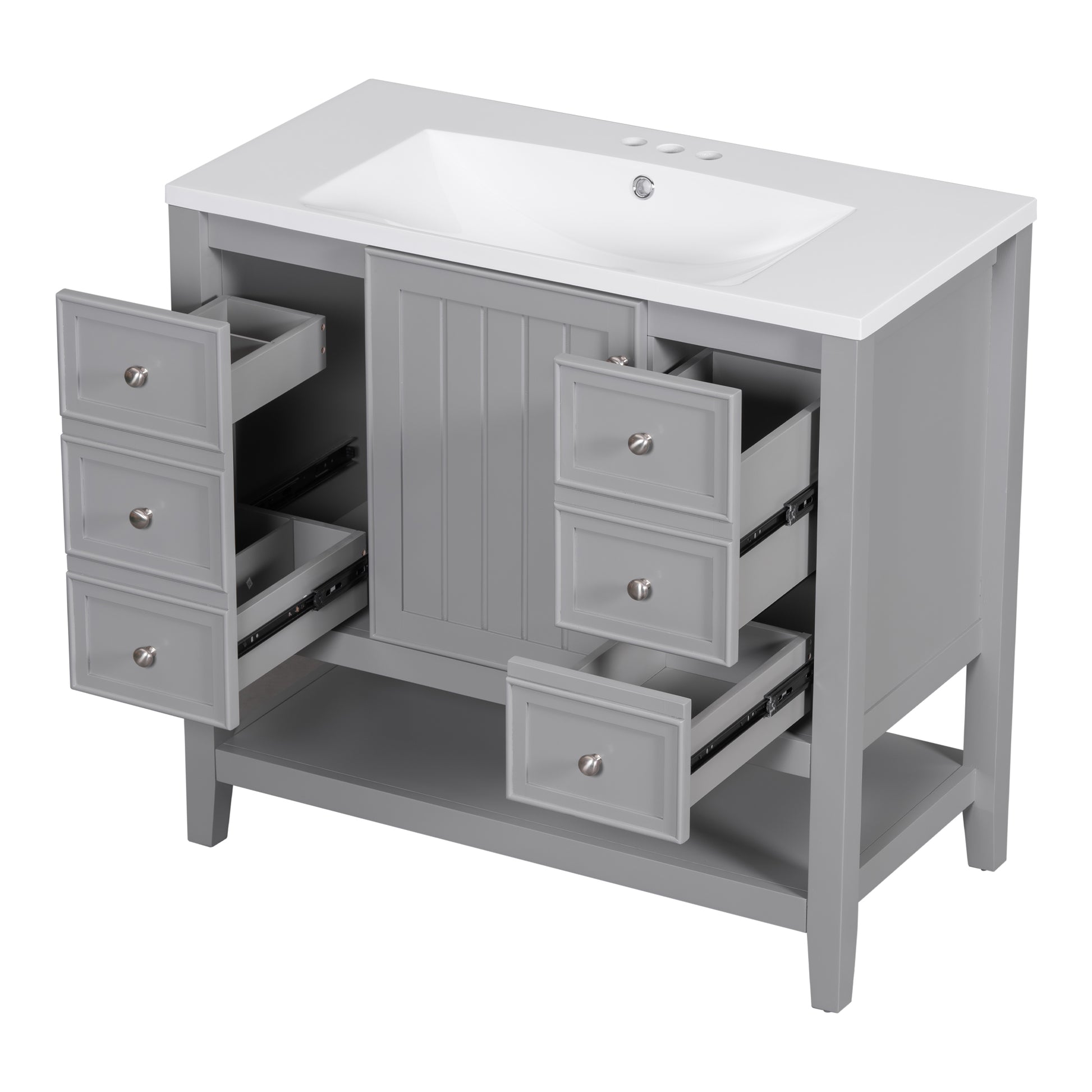 36" Bathroom Vanity With Sink Combo, One Cabinet And Three Drawers, Solid Wood And Mdf Board, Grey Grey Solid Wood Mdf