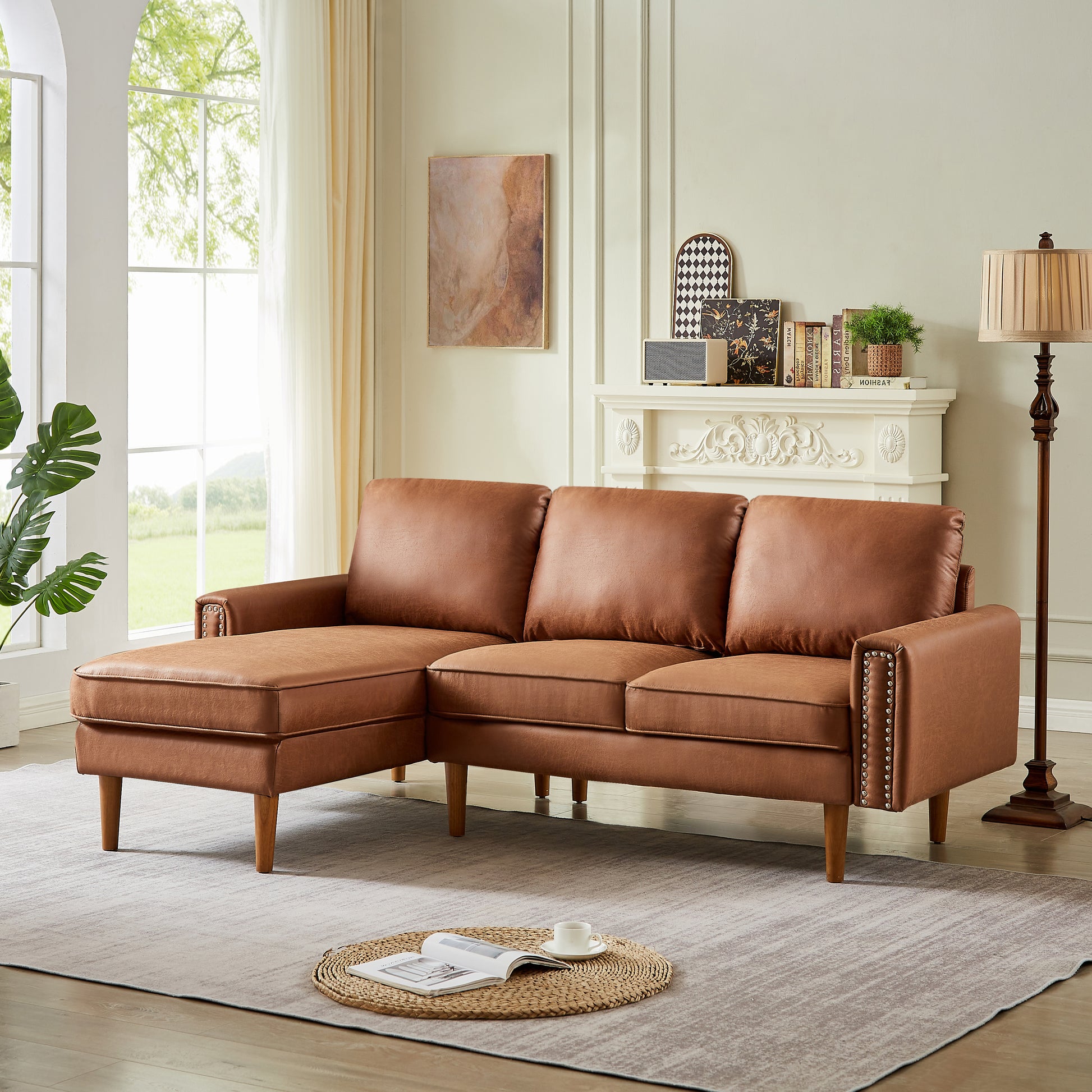 82.2"L Shape Sofa Couch With Chais Mid Century Copper Nail On Arms,Strong Wooden Leg And Suede Fabric Design That Will Complement Any Living Space.Left Chaise, Brown Brown Tech Cloth