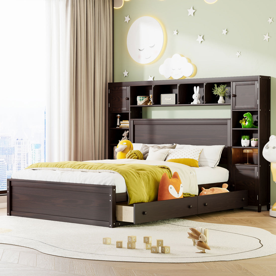 Queen Size Wooden Bed With All In One Cabinet, Shelf And Sockets, Espresso Espresso Solid Wood