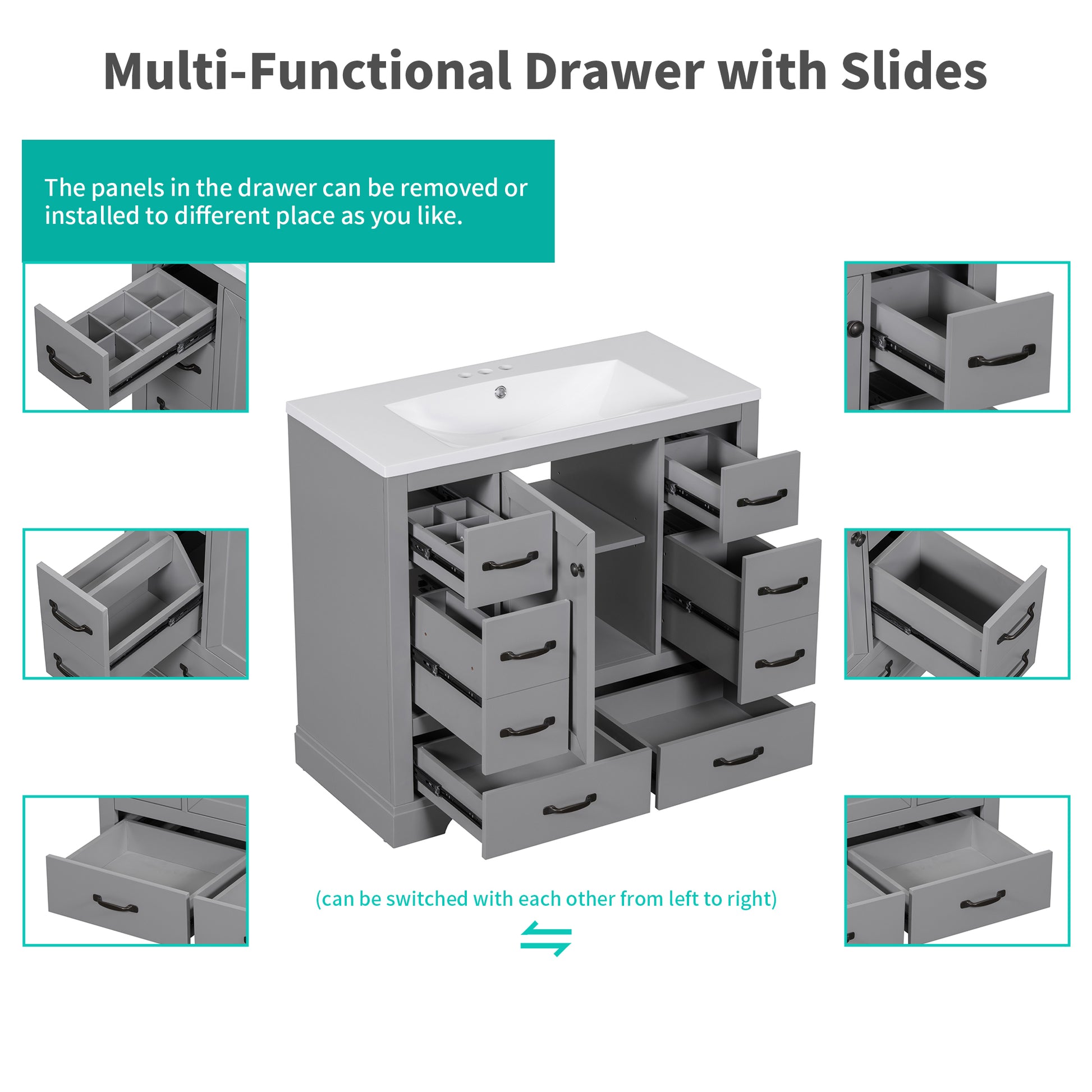 36" Bathroom Vanity Without Sink, Cabinet Base Only, Six Drawers, Multi Functional Drawer Divider, Adjustable Shelf, Grey Grey Solid Wood Mdf