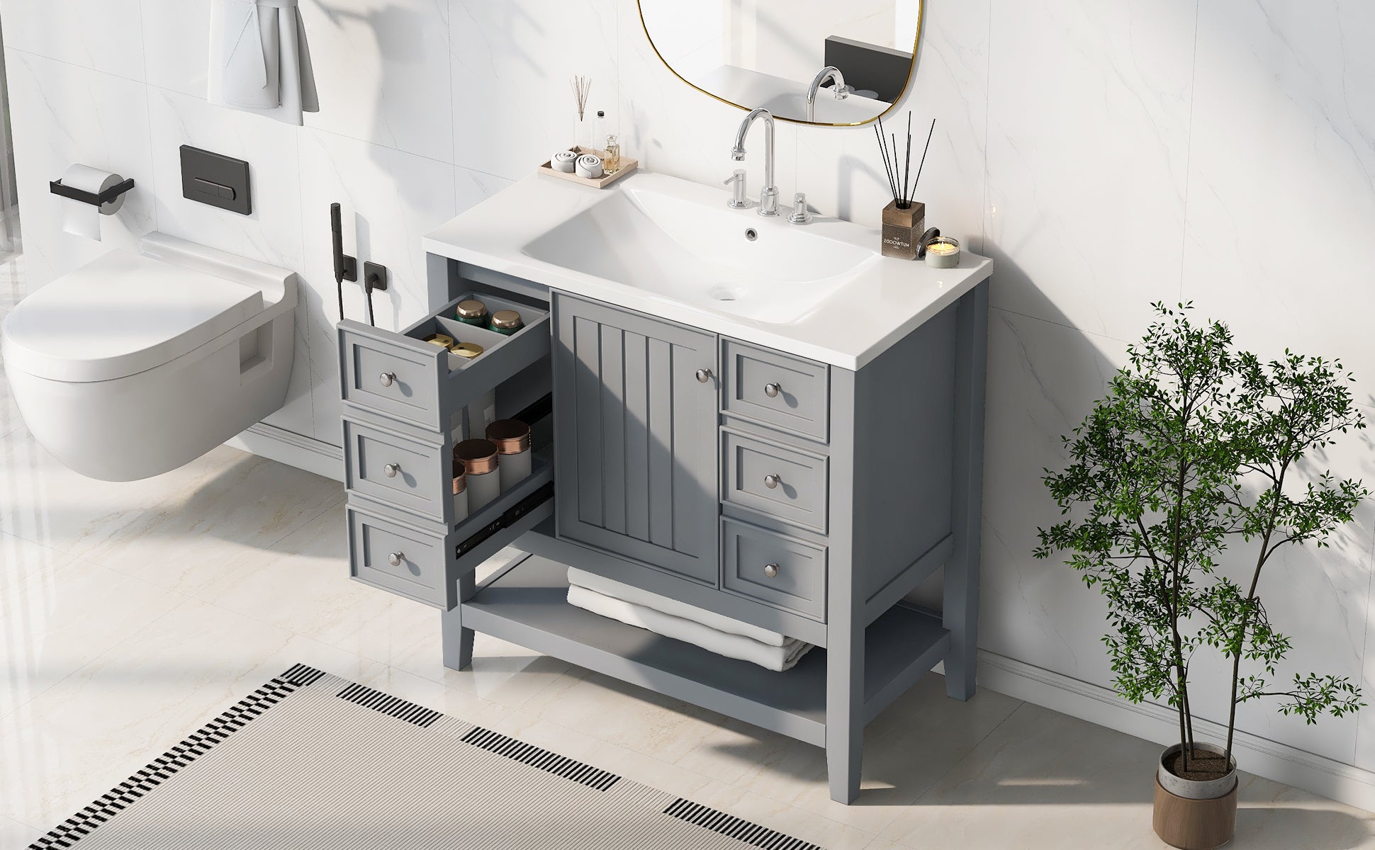 36" Bathroom Vanity With Sink Combo, One Cabinet And Three Drawers, Solid Wood And Mdf Board, Grey Grey Solid Wood Mdf