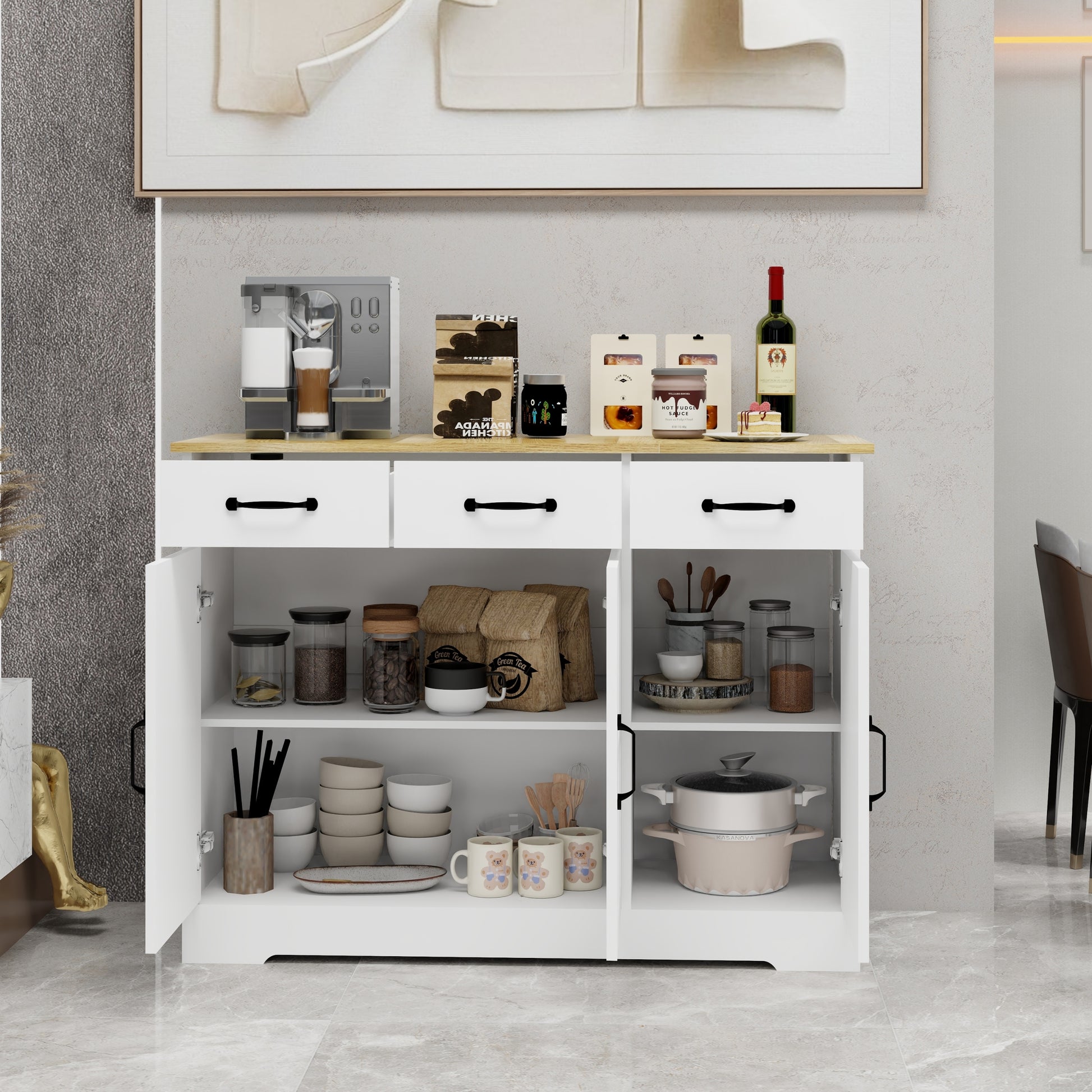 Farmhouse Buffet Cabinet Storage Sideboard With 3 Drawers And 3 Doors For Dining Living Room Kitchen Cupboard White White Mdf