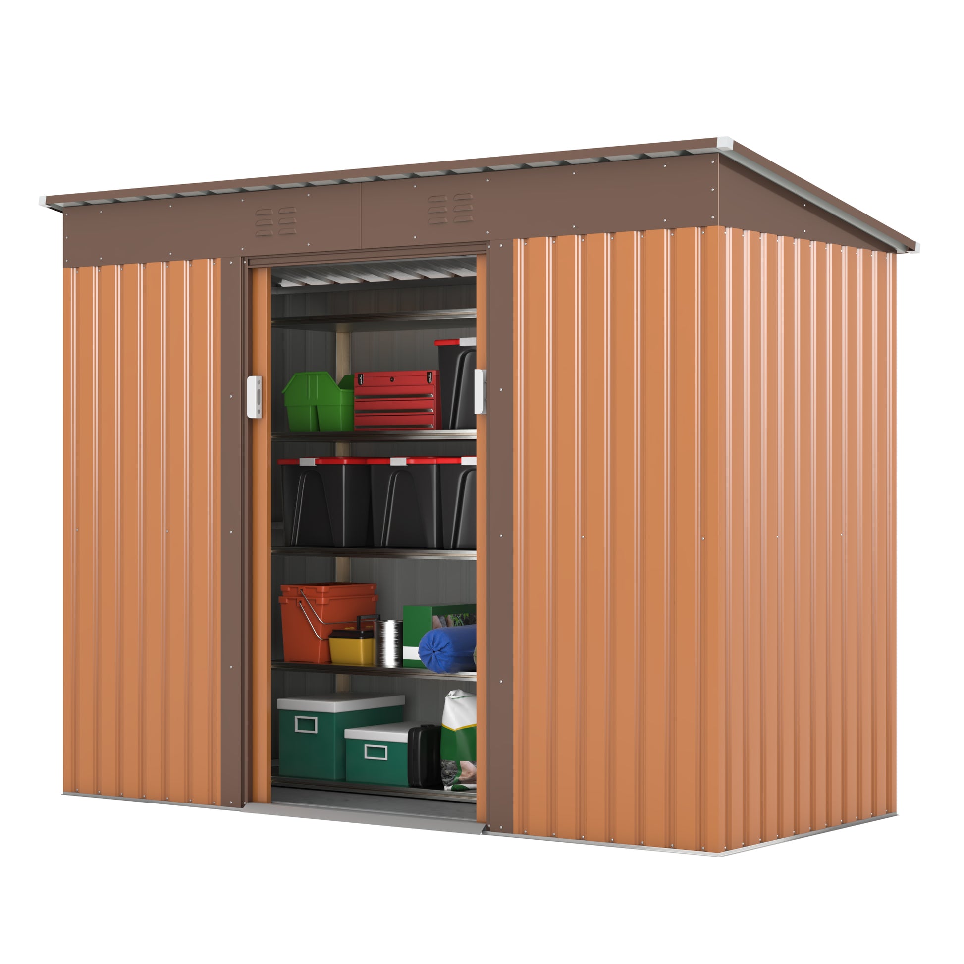 4.2 X 9.1 Ft Outdoor Storage Shed, Metal Tool Shed With Lockable Doors Vents, Utility Garden Shed For Patio Lawn Backyard,Brown Brown Metal