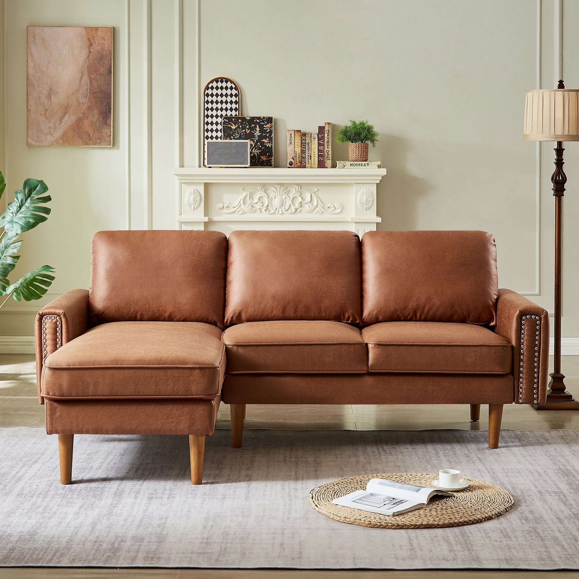 82.2"L Shape Sofa Couch With Chais Mid Century Copper Nail On Arms,Strong Wooden Leg And Suede Fabric Design That Will Complement Any Living Space.Left Chaise, Brown Brown Tech Cloth