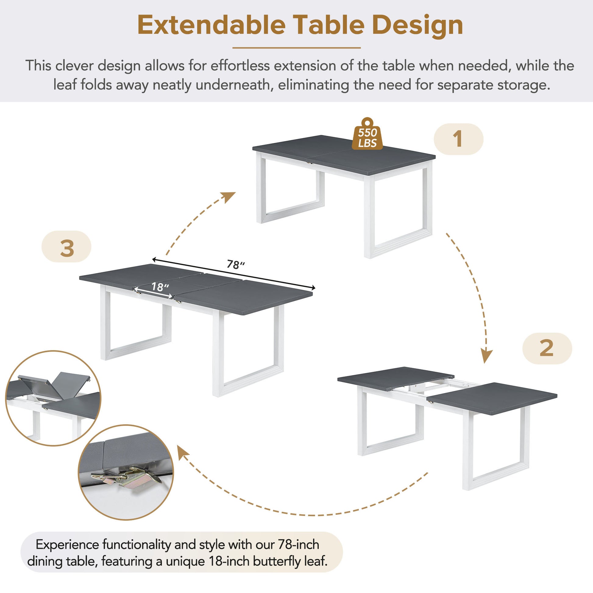 Modern 78Inch 6 Piece Extendable Dining Table Set, 4 Upholstered Dining Chairs And Dining Bench, 18" Butterfly Leaf, White Wood Dining Room Extendable Rubberwood Rectangular Dining Table With Chair And Bench Upholstered Chair Wood White Gray Solid Back