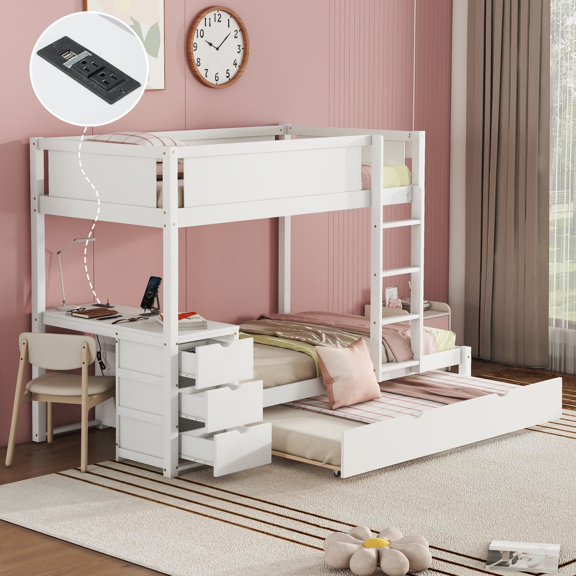 Twin Over Twin Bunk Bed With Twin Size Trundle, Storage And Desk, White White Solid Wood