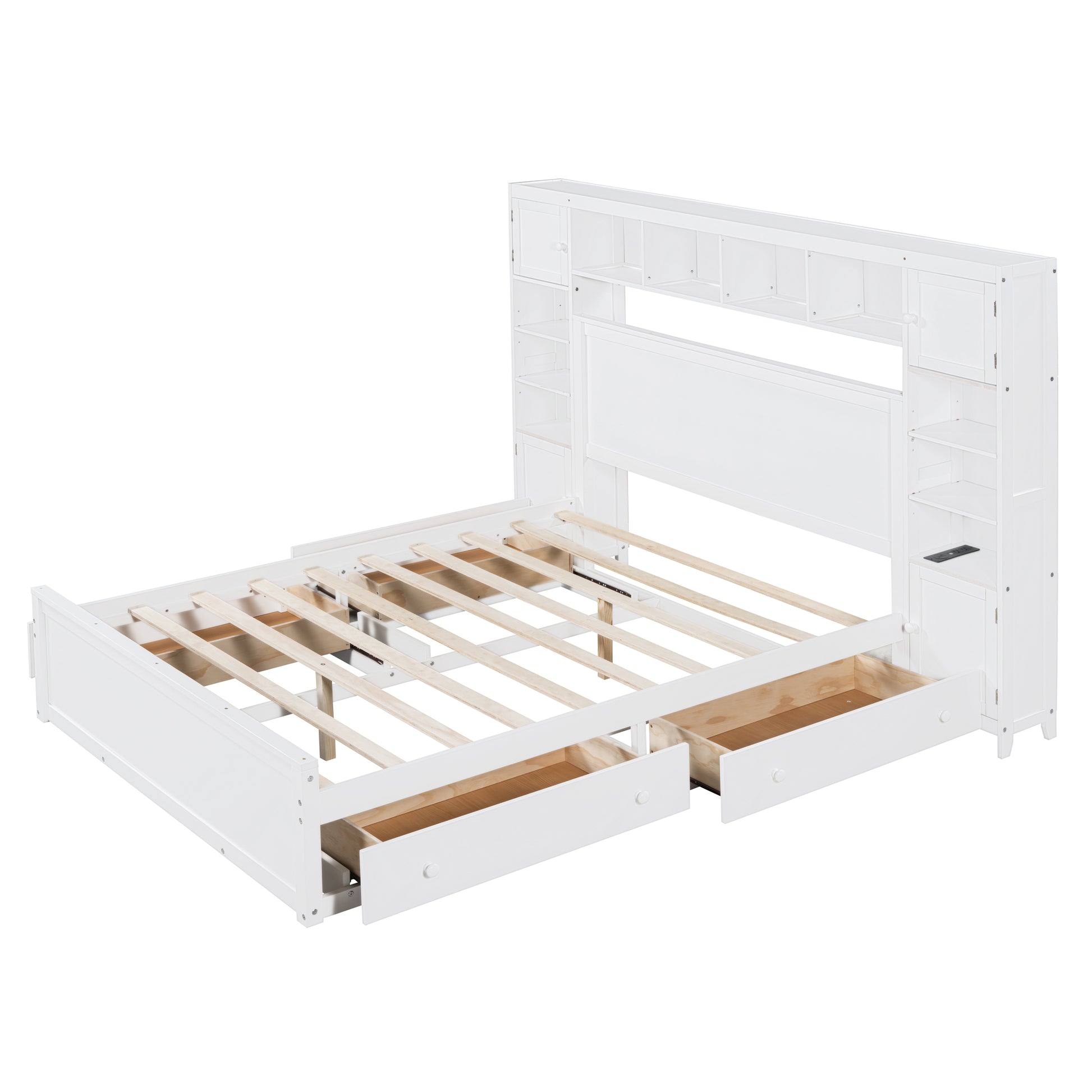 Queen Size Wooden Bed With All In One Cabinet, Shelf And Sockets, White White Solid Wood