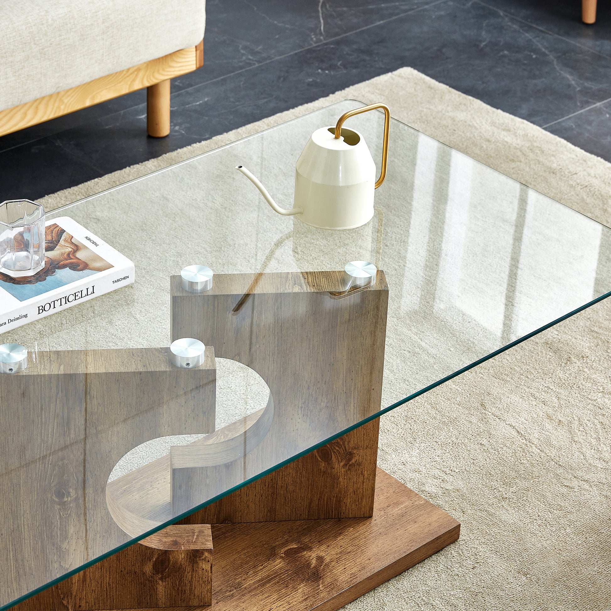 A Rectangular Modern And Fashionable Coffee Table With Tempered Glass Tabletop And Wooden Color Mdf Legs. Suitable For Living Room.47.2"*25.5"*18" Natural Wood Glass