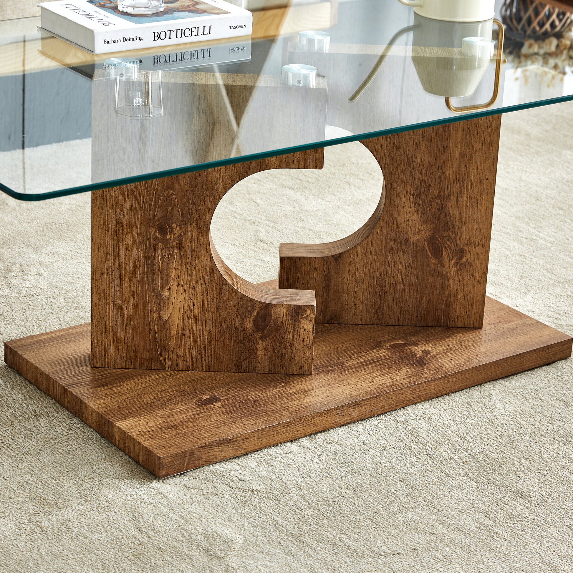 A Rectangular Modern And Fashionable Coffee Table With Tempered Glass Tabletop And Wooden Color Mdf Legs. Suitable For Living Room.47.2"*25.5"*18" Natural Wood Glass