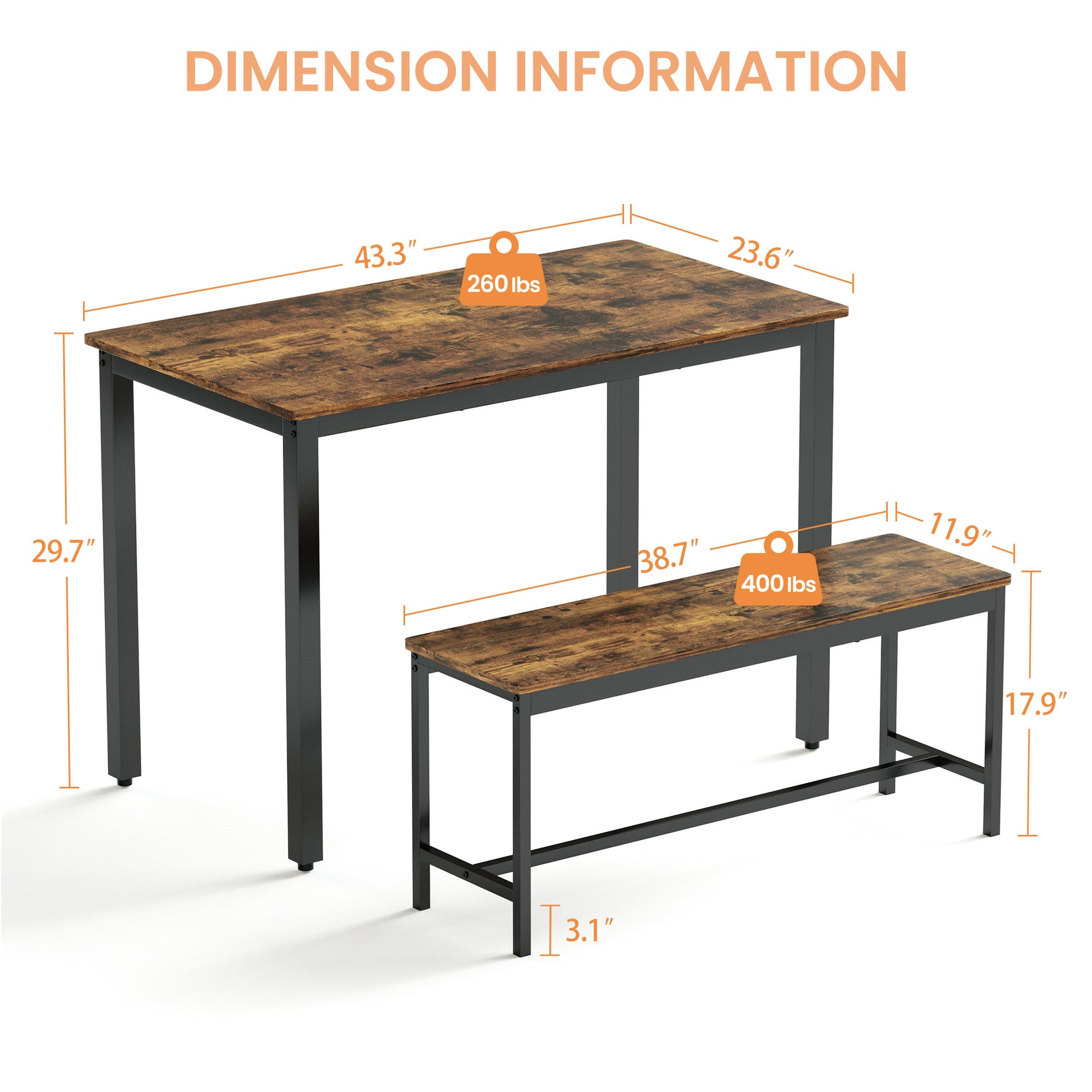 Dining Table Set, Bar Table With 2 Dining Benches, Kitchen Table Counter With Chairs, Industrial For Kitchen Breakfast Table, Living Room, Party Room, Rustic Brown And Black,43.3 L X23.6 W X 29.9 H Rustic Brown Particle Board