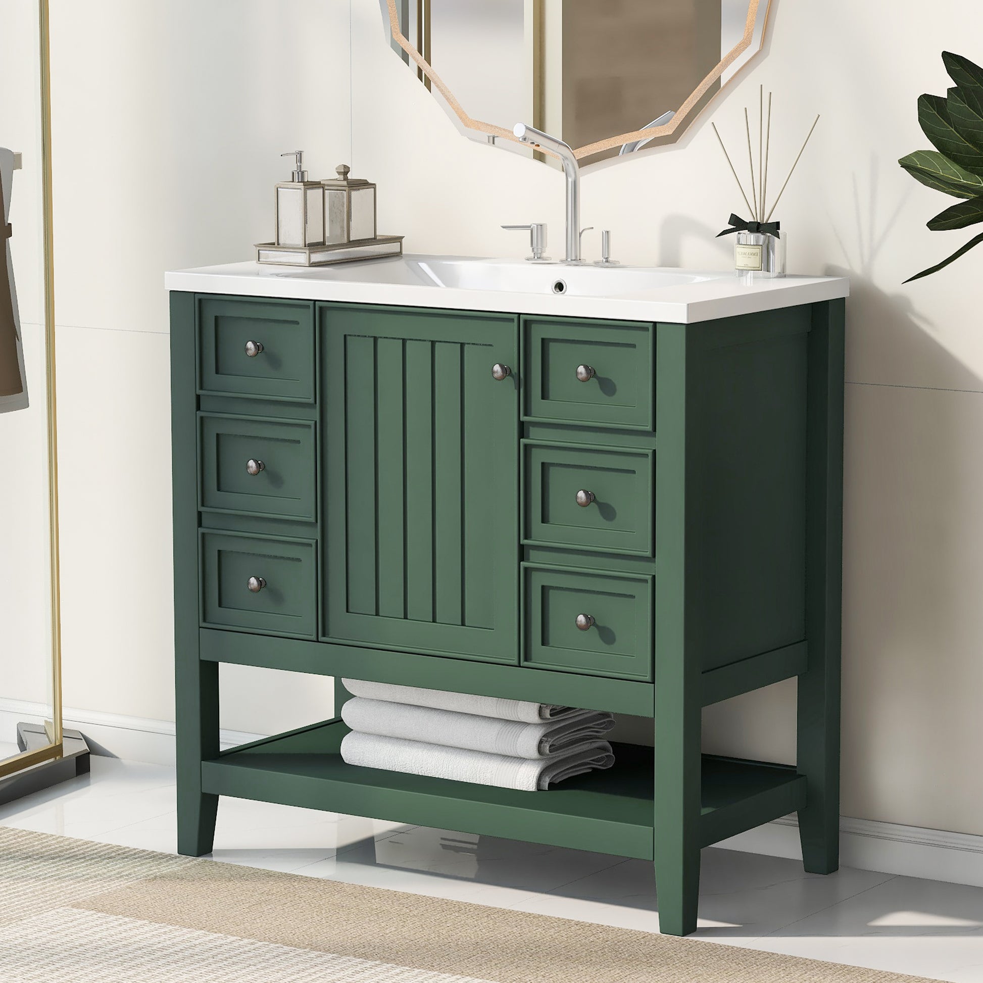 36" Bathroom Vanity With Sink Combo, One Cabinet And Three Drawers, Solid Wood And Mdf Board, Green Old Sku:Sy999505Aag Green Solid Wood Mdf