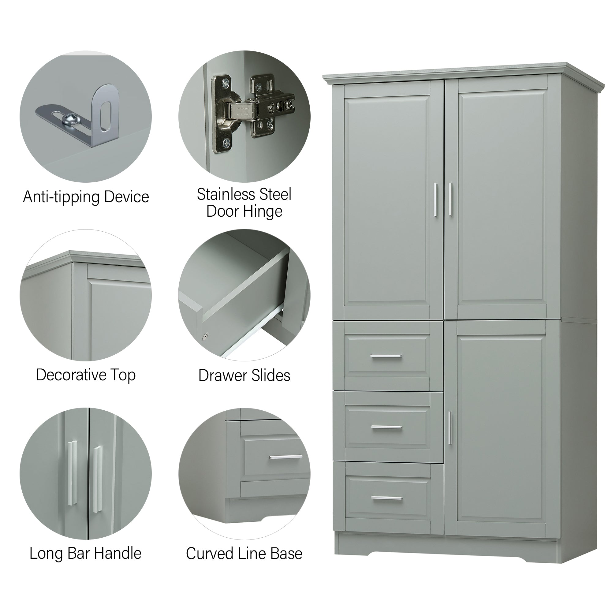 Tall and Wide Storage Cabinet with Doors for Bathroom grey-mdf