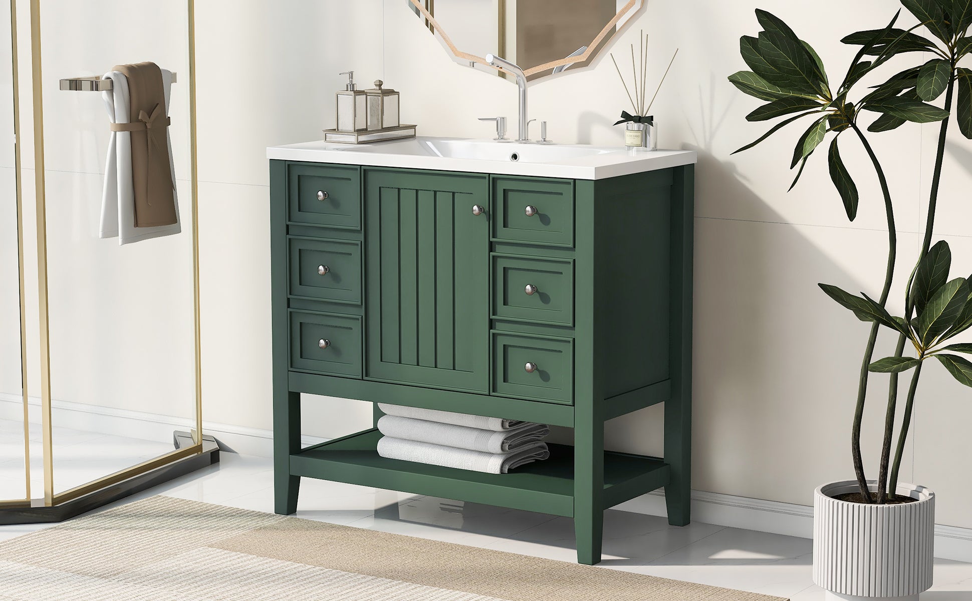 36" Bathroom Vanity With Sink Combo, One Cabinet And Three Drawers, Solid Wood And Mdf Board, Green Old Sku:Sy999505Aag Green Solid Wood Mdf