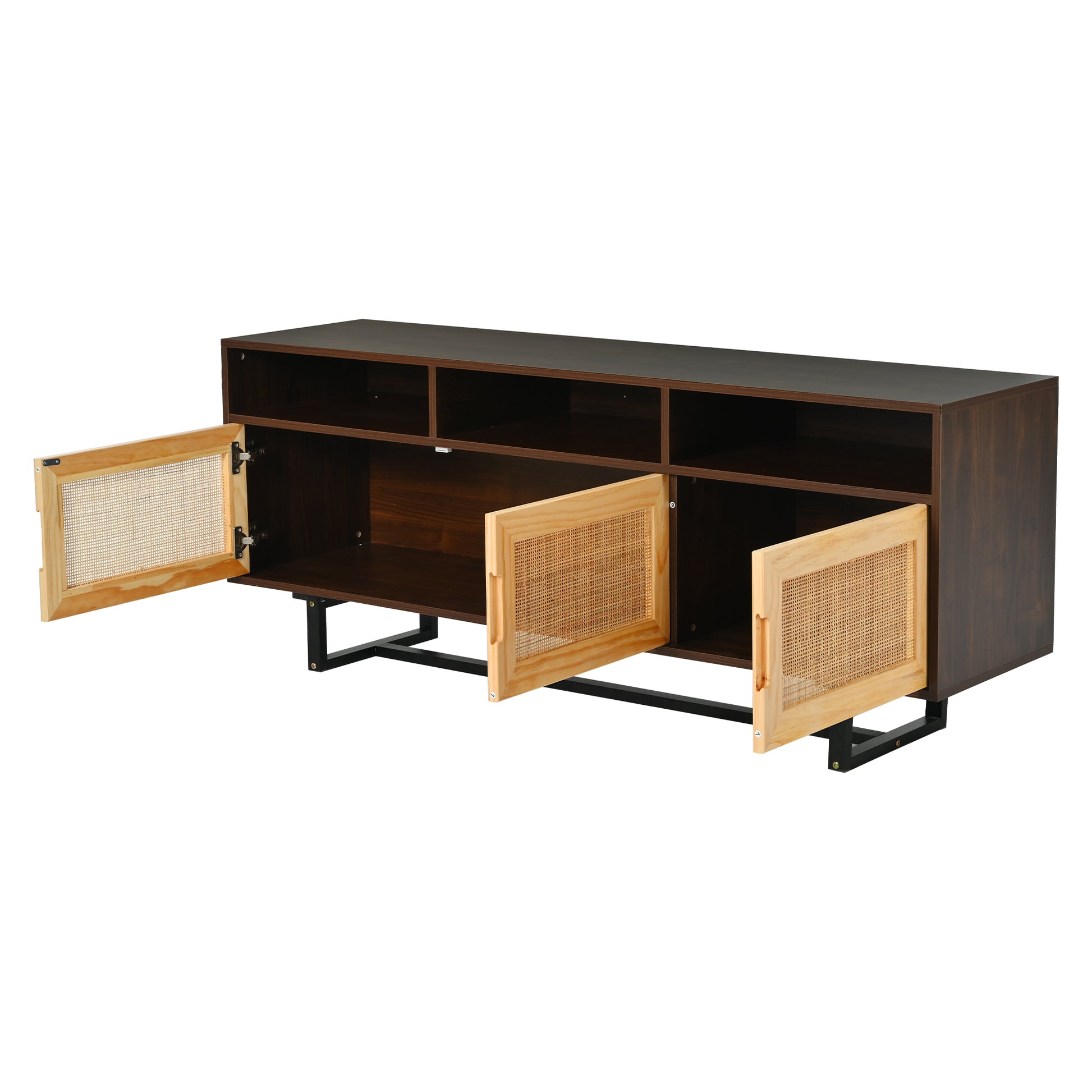 Retro Rattan Tv Stand 3 Door Media Console With Open Shelves For Tv Stand Under 75'' Walnut Walnut Mdf