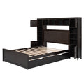 Full Size Wooden Bed With All In One Cabinet, Shelf And Sockets,Twin Size Trundle, Espresso Full Espresso Solid Wood
