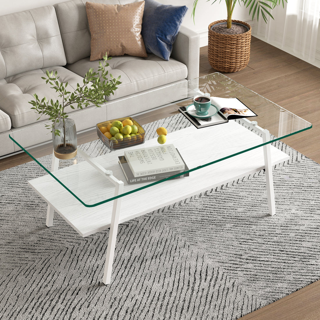 Rectangle Coffee Table, Tempered Glass Tabletop With White Metal Legs, Modern Table For Living Roomtransparent Glass Transparent Tempered Glass