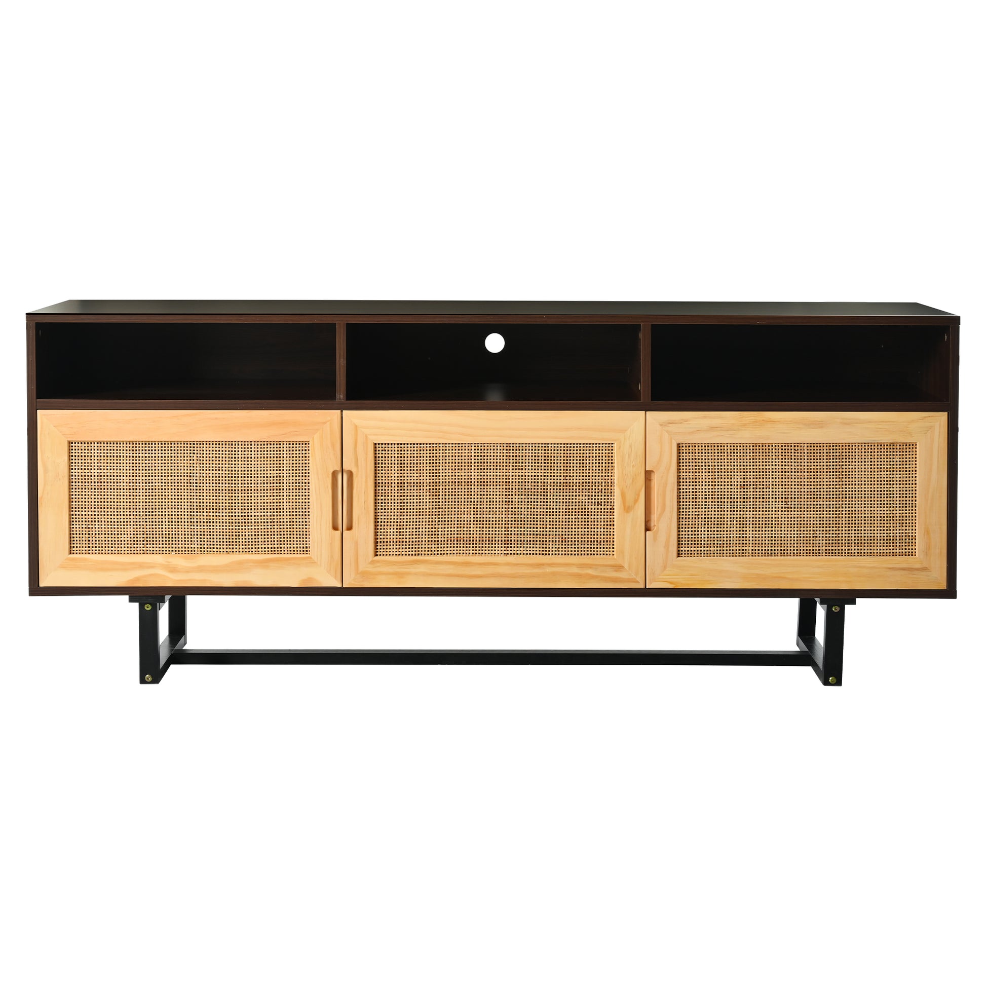 Retro Rattan Tv Stand 3 Door Media Console With Open Shelves For Tv Stand Under 75'' Walnut Walnut Mdf