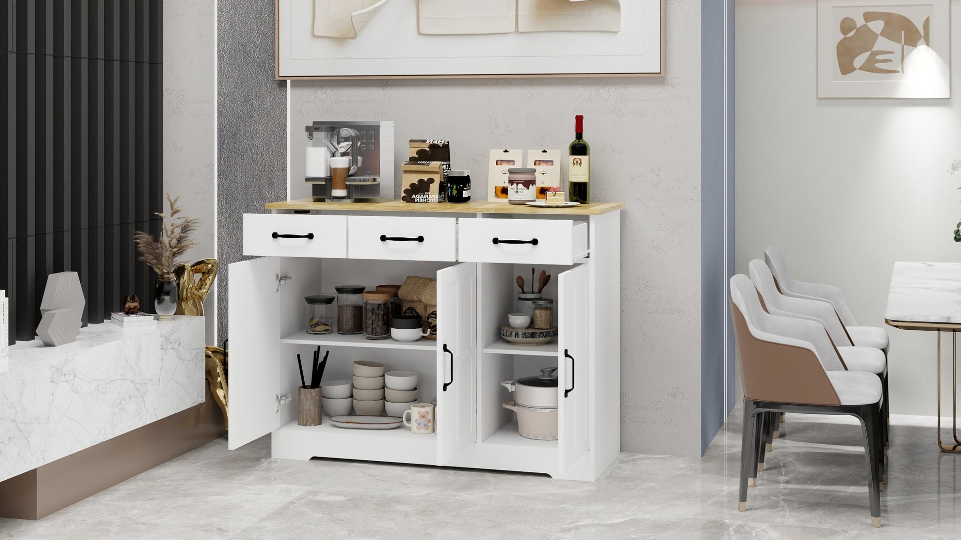 Farmhouse Buffet Cabinet Storage Sideboard With 3 Drawers And 3 Doors For Dining Living Room Kitchen Cupboard White White Mdf