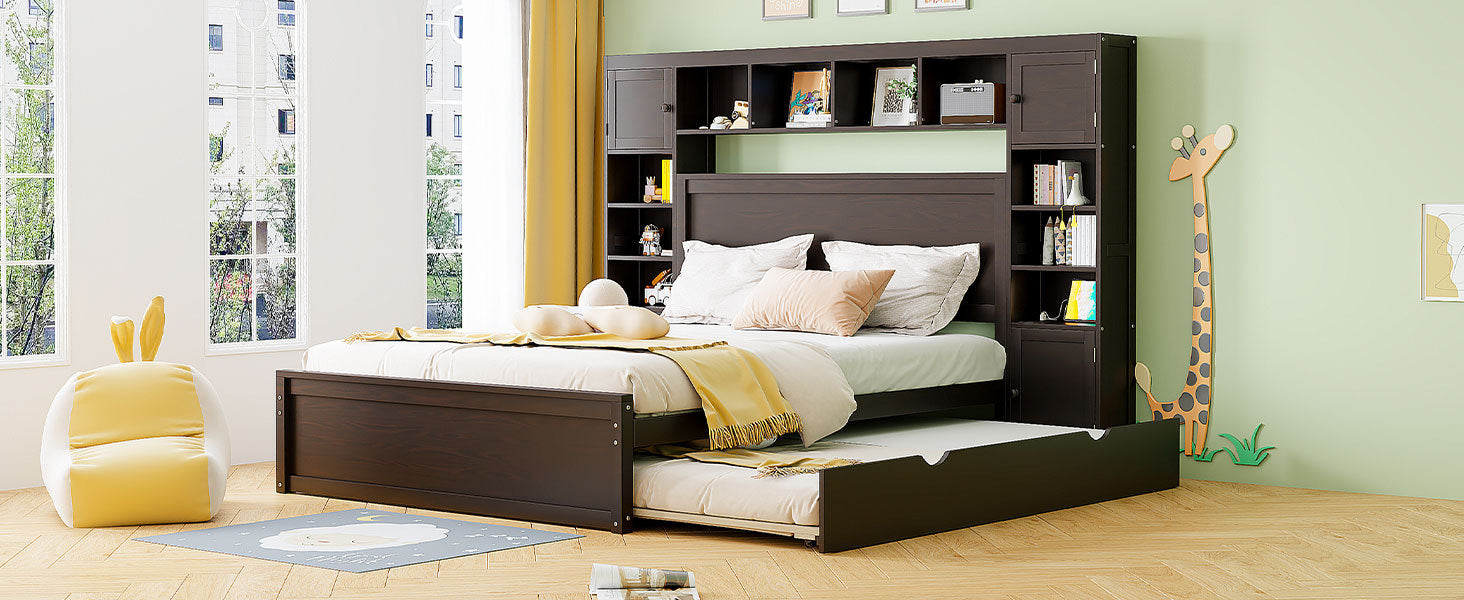 Queen Size Wooden Bed With All In One Cabinet, Shelf And Sockets,Twin Xl Trundle,Espresso Queen Espresso Solid Wood