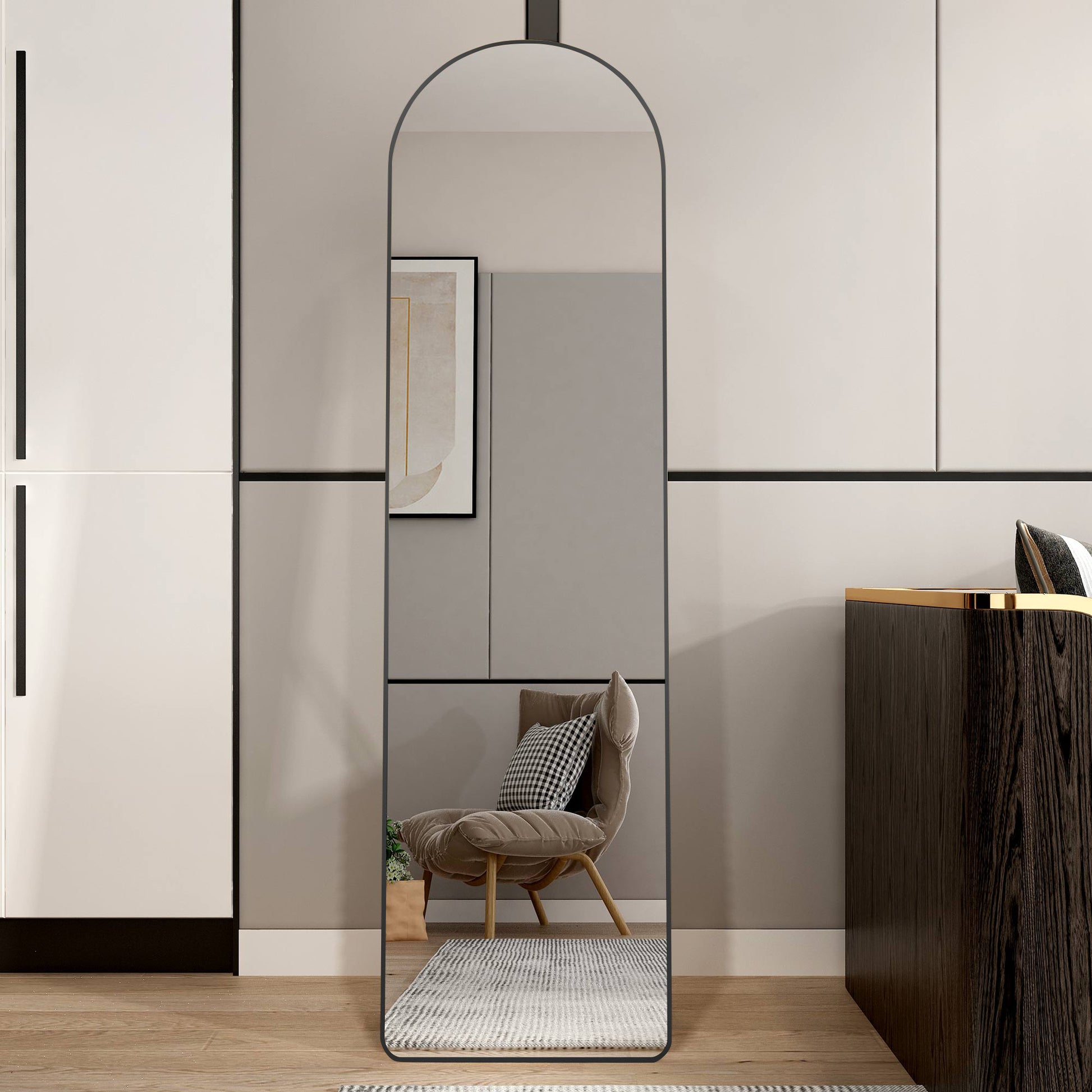 The 4St Generation Of Floor Mounted Full Length Mirrors. Aluminum Alloy Metal Frame Arched Wall Mirror, Bathroom Makeup Mirror, Bedroom Porch, Clothing Store, Wall Mounted.Black 59.8 "*16.5"W115112560 Black Glass