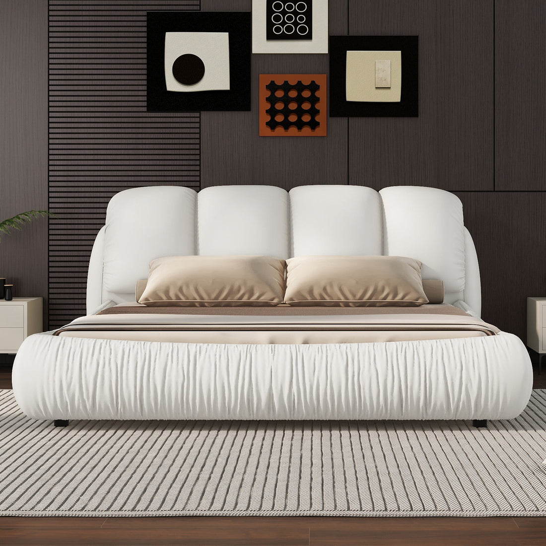 Queen Size Luxury Upholstered Bed With Thick Headboard, Leather Queen Bed With Oversized Padded Backrest, White Expect Arrival Date 2024 3 27 Queen White Pu Leather