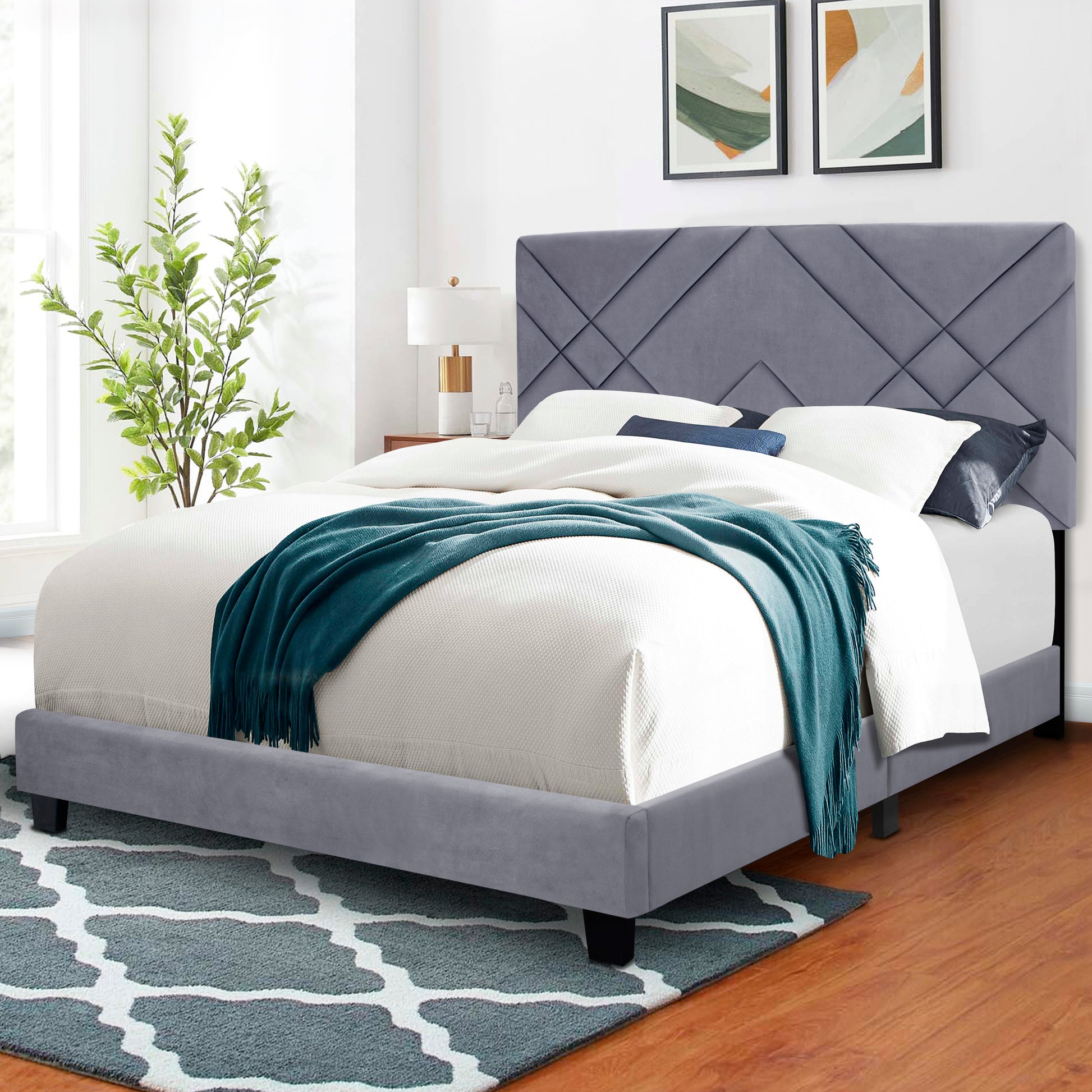 Gray Collection Queen Size Upholstered Headboard Adjustable Bed Frame Velvet Fabric Hot Style Super Popular Series Box Spring Not Required Queen Gray Wood Espresso Bedroom Minimalist,Modern,Shabby Chic,Ultra Modern Rubberwood Adjustable Bedbase Fiber