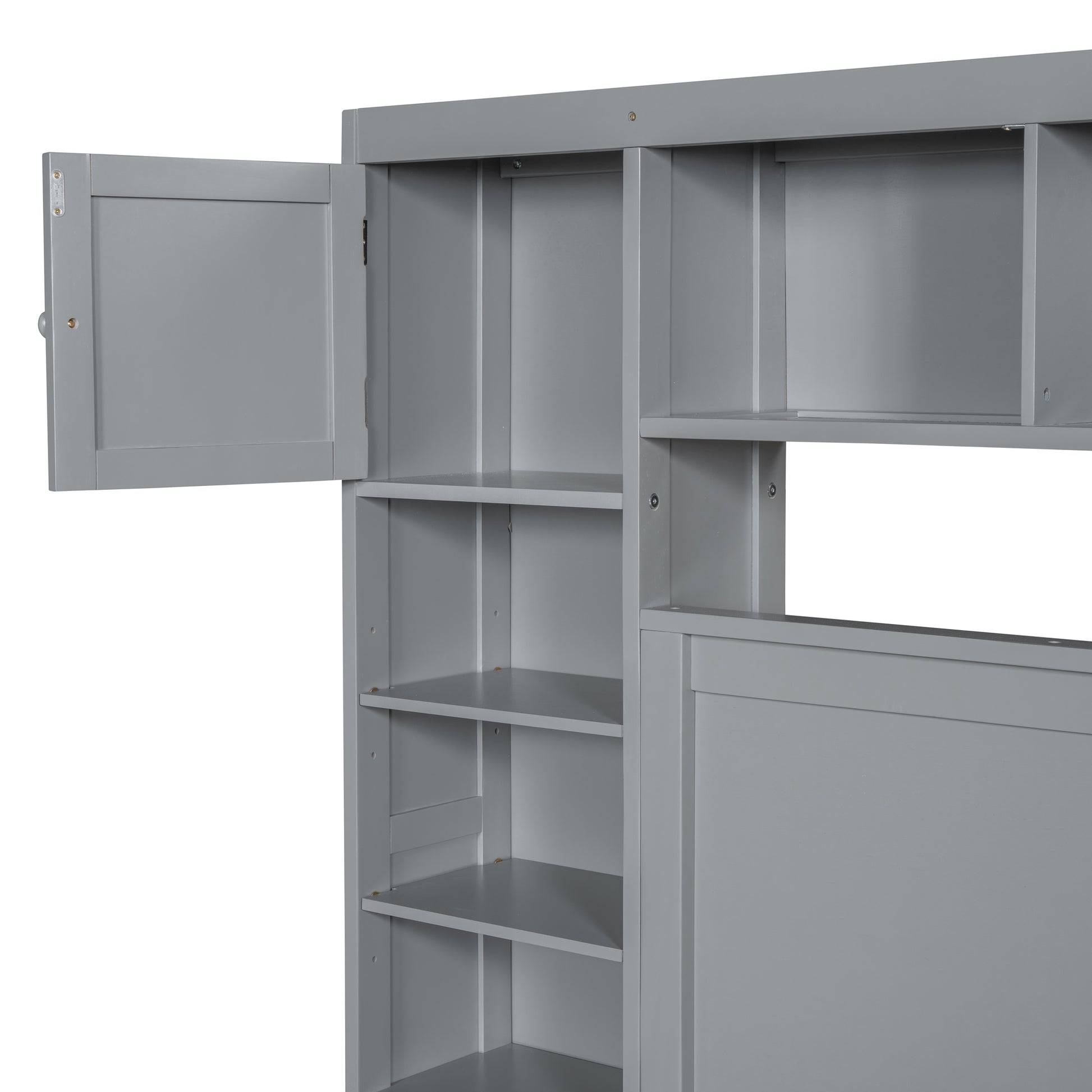 Queen Size Wooden Bed With All In One Cabinet, Shelf And Sockets, Gray Gray Solid Wood