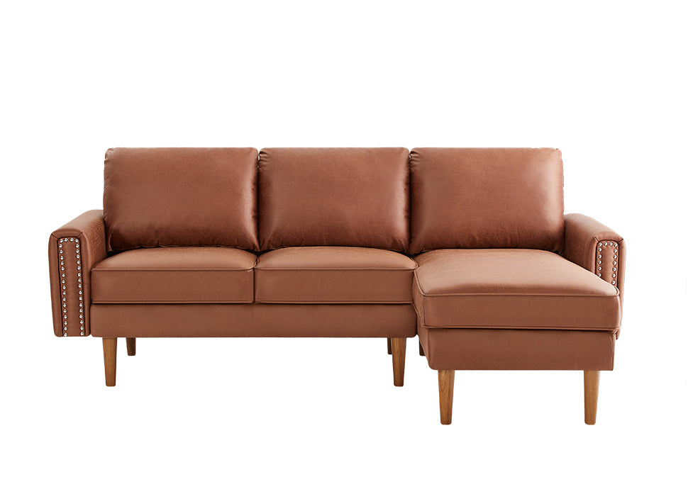 82.2"L Shape Sofa Couch With Chais Mid Century Copper Nail On Arms,Strong Wooden Leg And Suede Fabric Design That Will Complement Any Living Space.Right Chaise, Brown Brown Tech Cloth