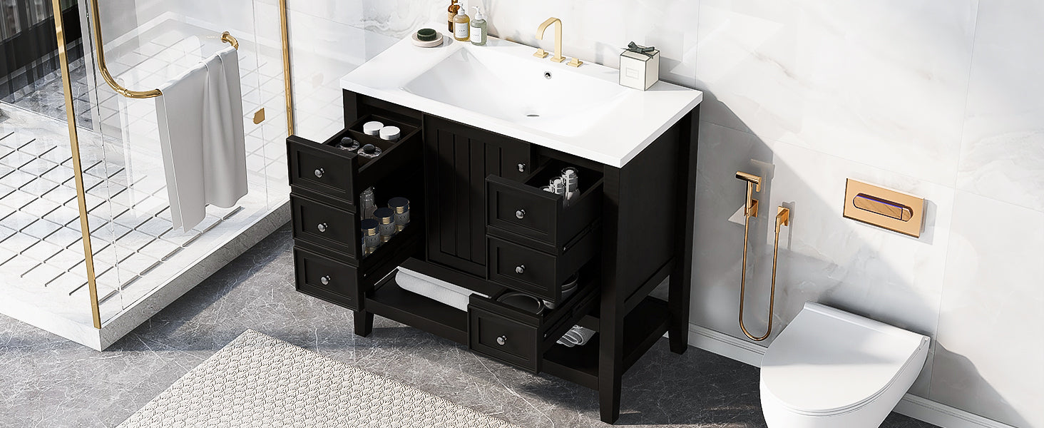 36" Bathroom Vanity With Sink Combo, One Cabinet And Three Drawers, Solid Wood And Mdf Board, Black Black Solid Wood Mdf