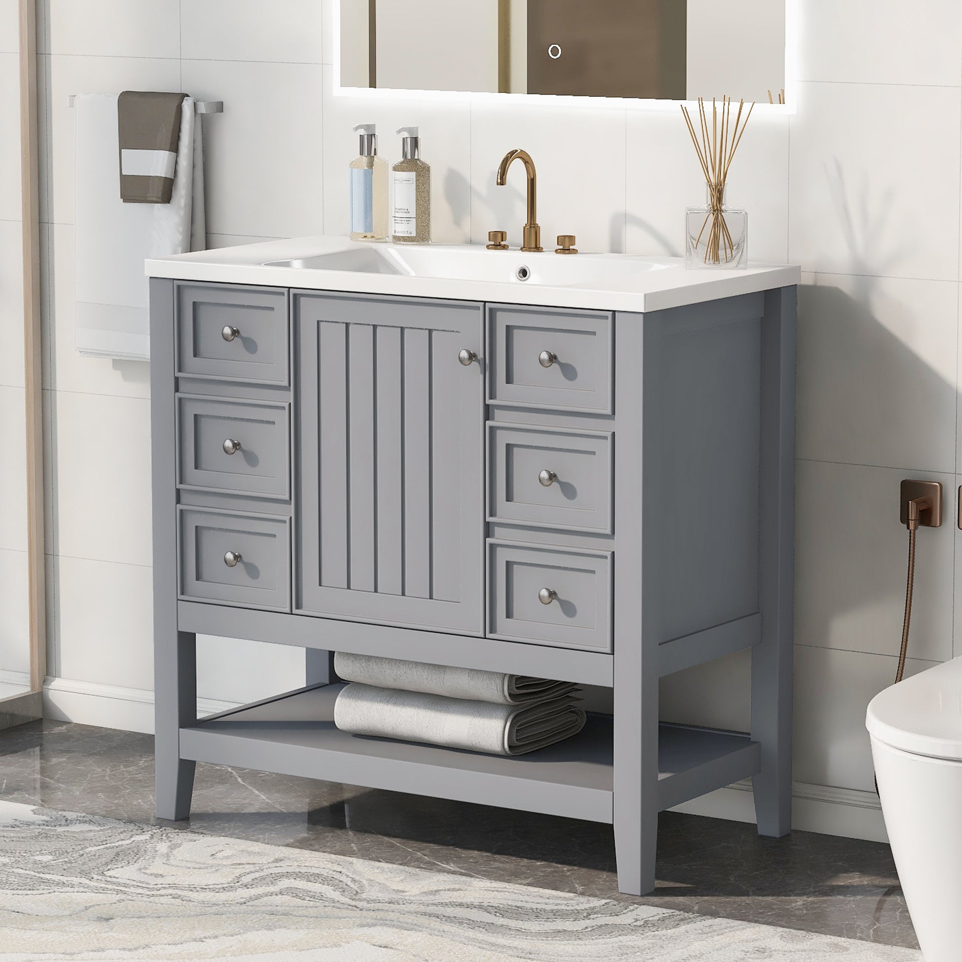 36" Bathroom Vanity With Sink Combo, One Cabinet And Three Drawers, Solid Wood And Mdf Board, Grey Grey Solid Wood Mdf