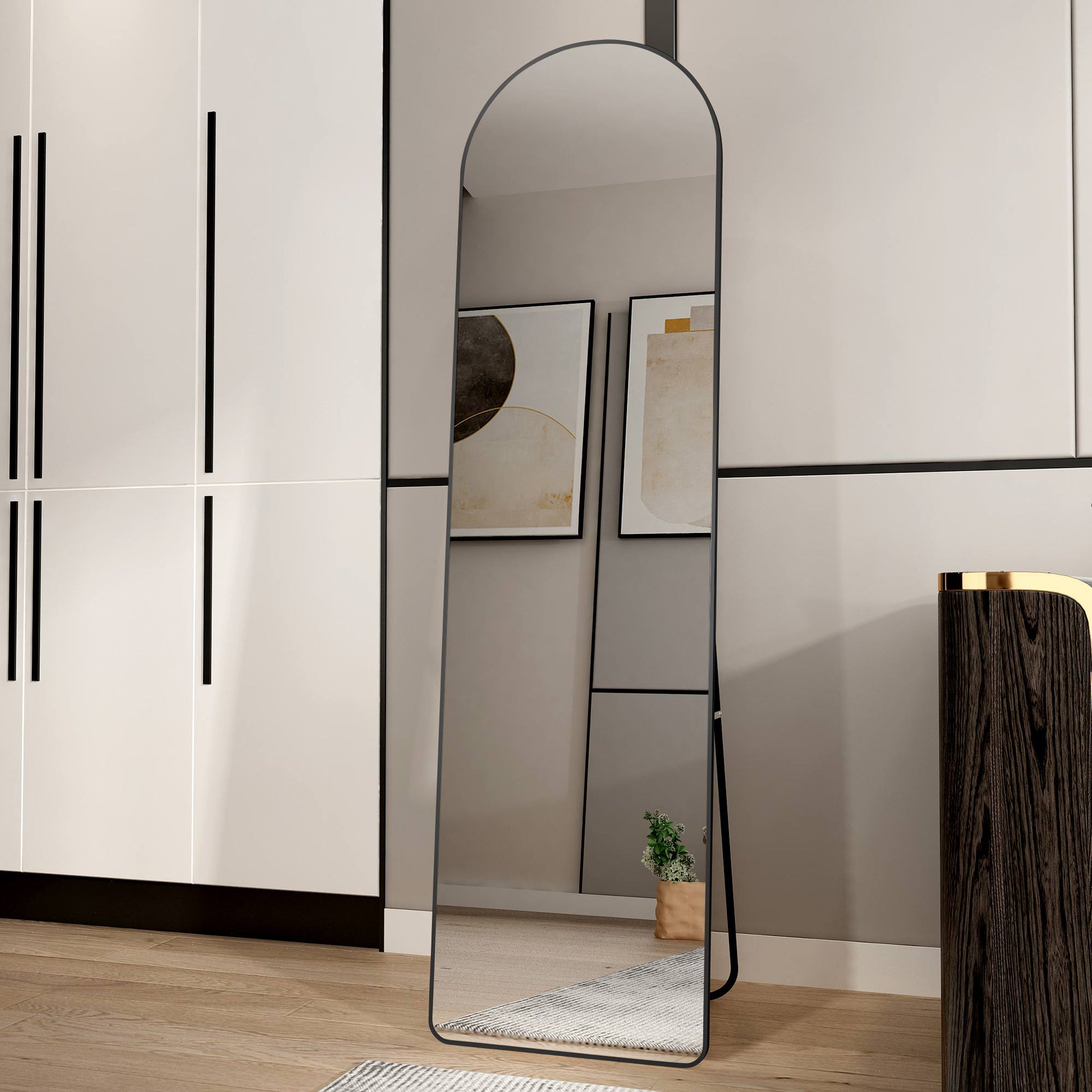 The 4St Generation Of Floor Mounted Full Length Mirrors. Aluminum Alloy Metal Frame Arched Wall Mirror, Bathroom Makeup Mirror, Bedroom Porch, Clothing Store, Wall Mounted.Black 59.8 "*16.5"W115112560 Black Glass