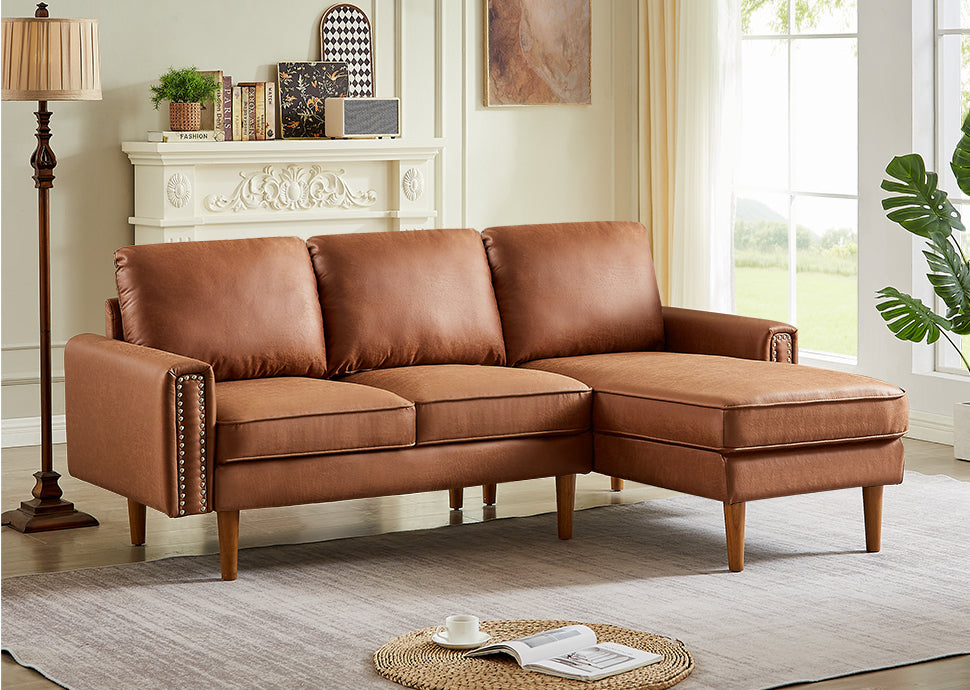 82.2"L Shape Sofa Couch With Chais Mid Century Copper Nail On Arms,Strong Wooden Leg And Suede Fabric Design That Will Complement Any Living Space.Right Chaise, Brown Brown Tech Cloth