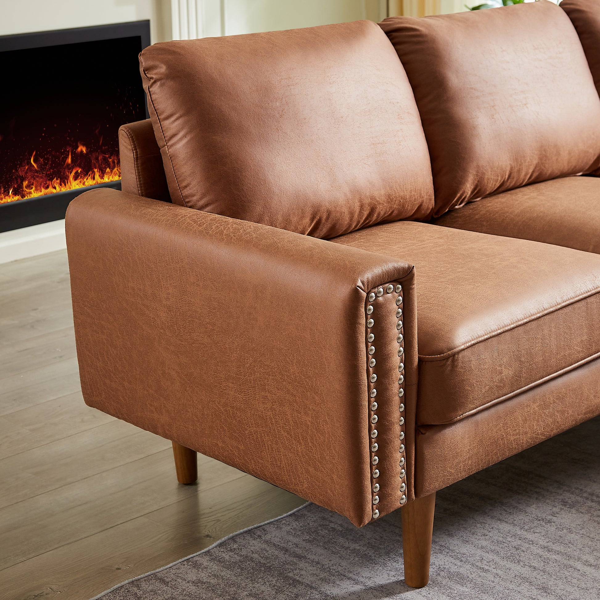 82.2"L Shape Sofa Couch With Chais Mid Century Copper Nail On Arms,Strong Wooden Leg And Suede Fabric Design That Will Complement Any Living Space.Right Chaise, Brown Brown Tech Cloth