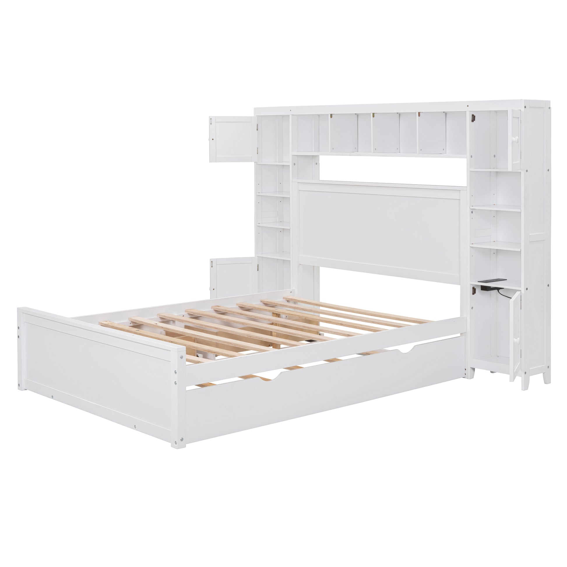 Full Size Wooden Bed With All In One Cabinet, Shelf And Sockets,Twin Size Trundle, White Full White Solid Wood