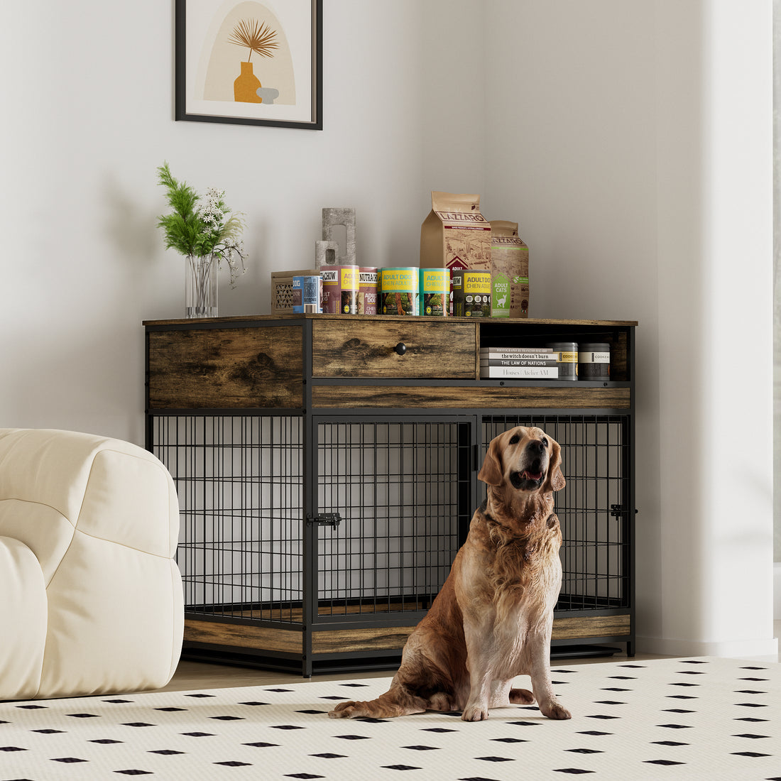 Furniture Dog Cage Crate With Double Doors. Antique Brown,38.78'' W X 27.36'' D X 32.17'' H. Antique Brown Dog Iron