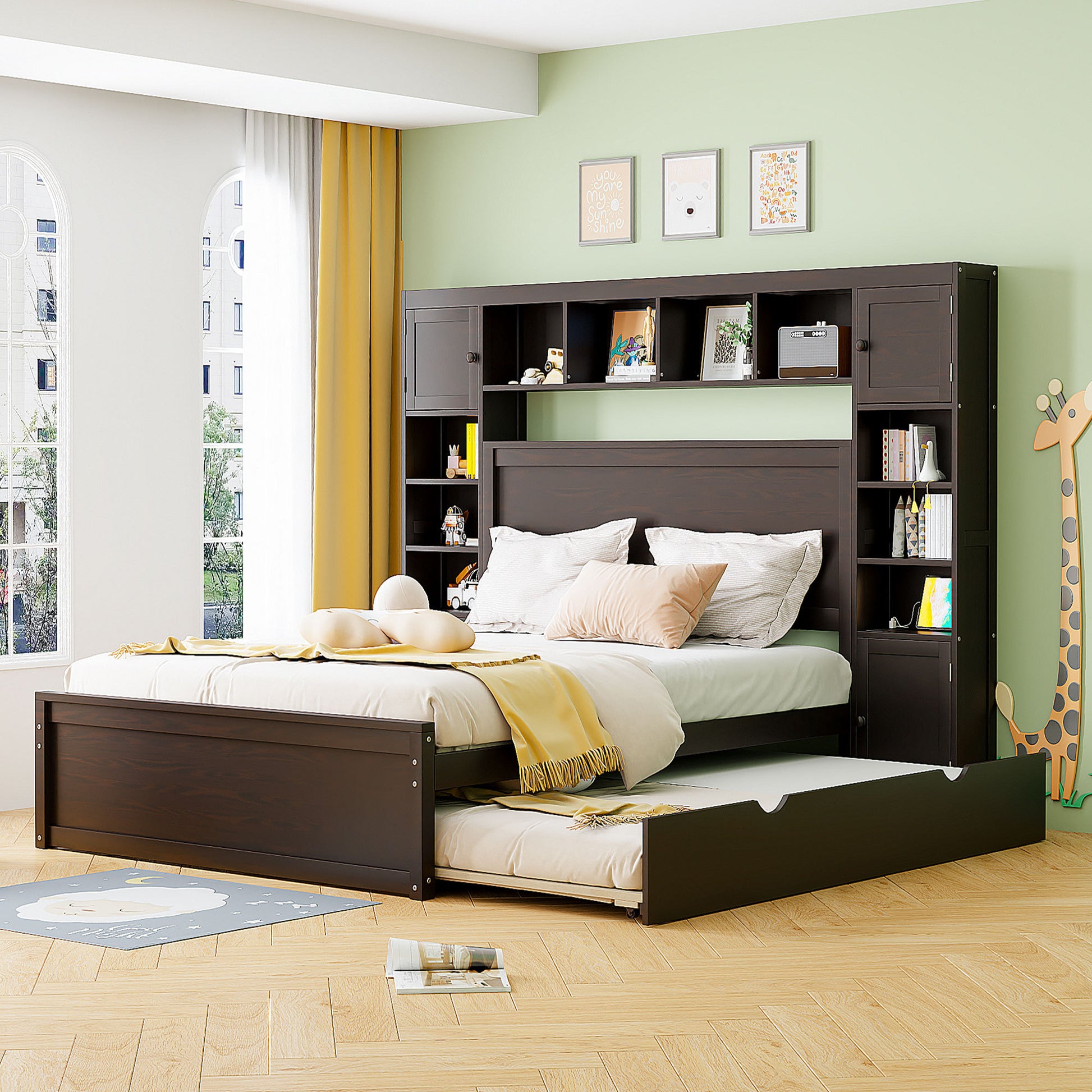 Queen Size Wooden Bed With All In One Cabinet, Shelf And Sockets,Twin Xl Trundle,Espresso Queen Espresso Solid Wood