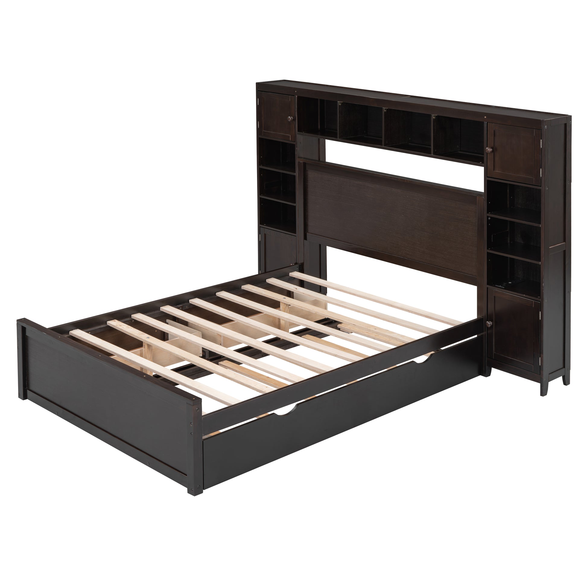 Full Size Wooden Bed With All In One Cabinet, Shelf And Sockets,Twin Size Trundle, Espresso Full Espresso Solid Wood