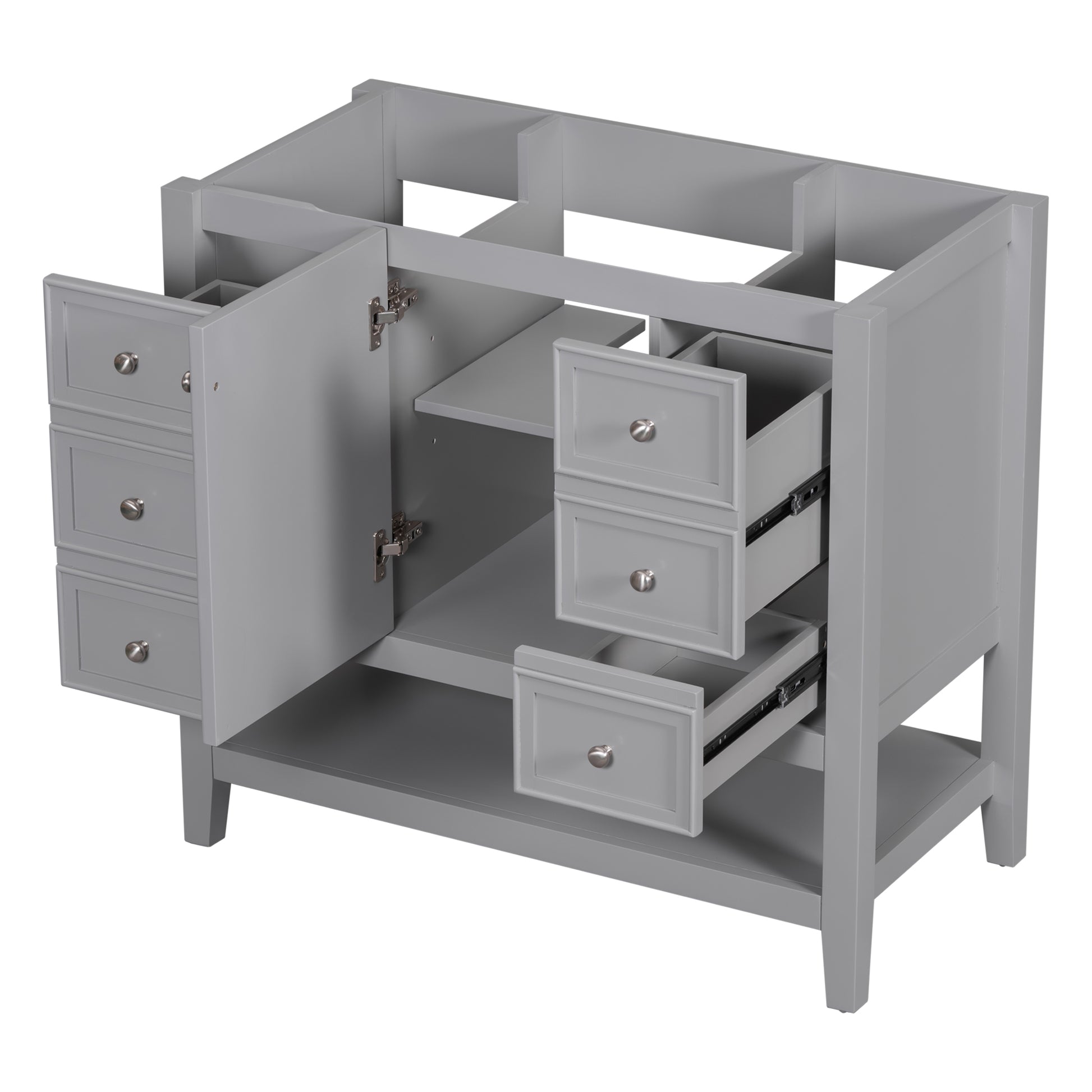 36" Bathroom Vanity Without Sink, Cabinet Base Only, One Cabinet And Three Drawers, Grey Grey Solid Wood Mdf